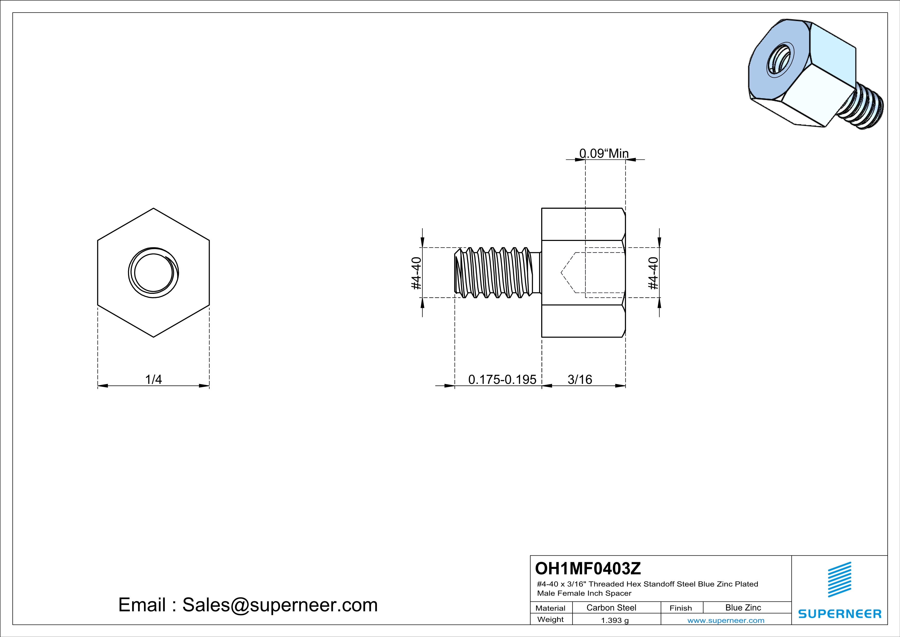 4-40 x 3/16" Threaded Hex Standoff Steel Blue Zinc Plated Male Female Inch Spacer 