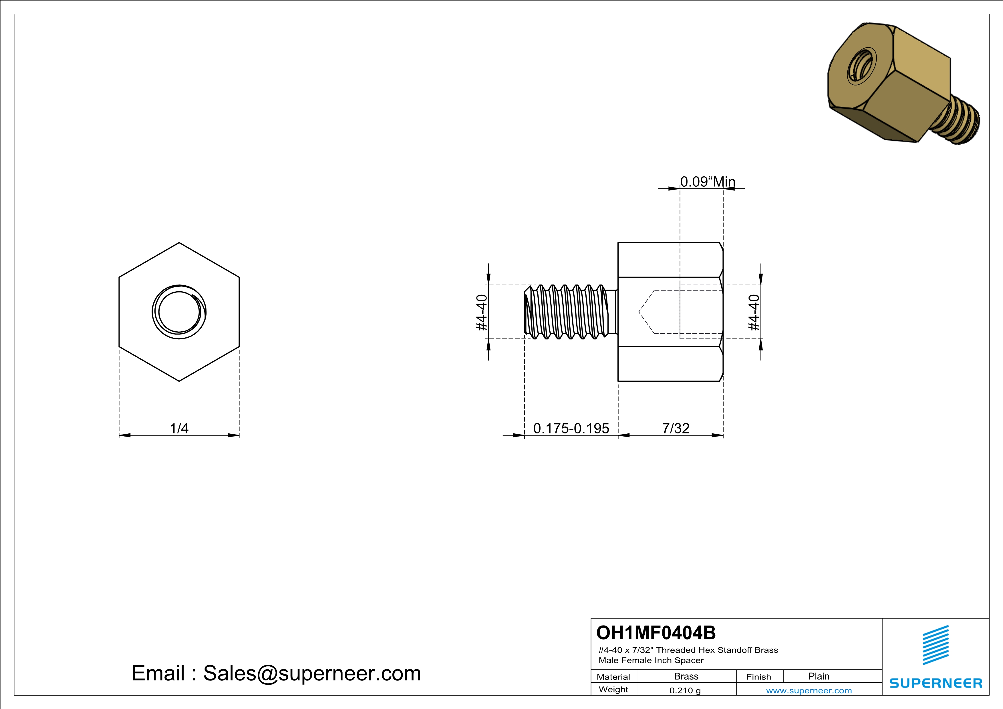 4-40 x 7/32" Threaded Hex Standoff Brass Male Female Inch Spacer 