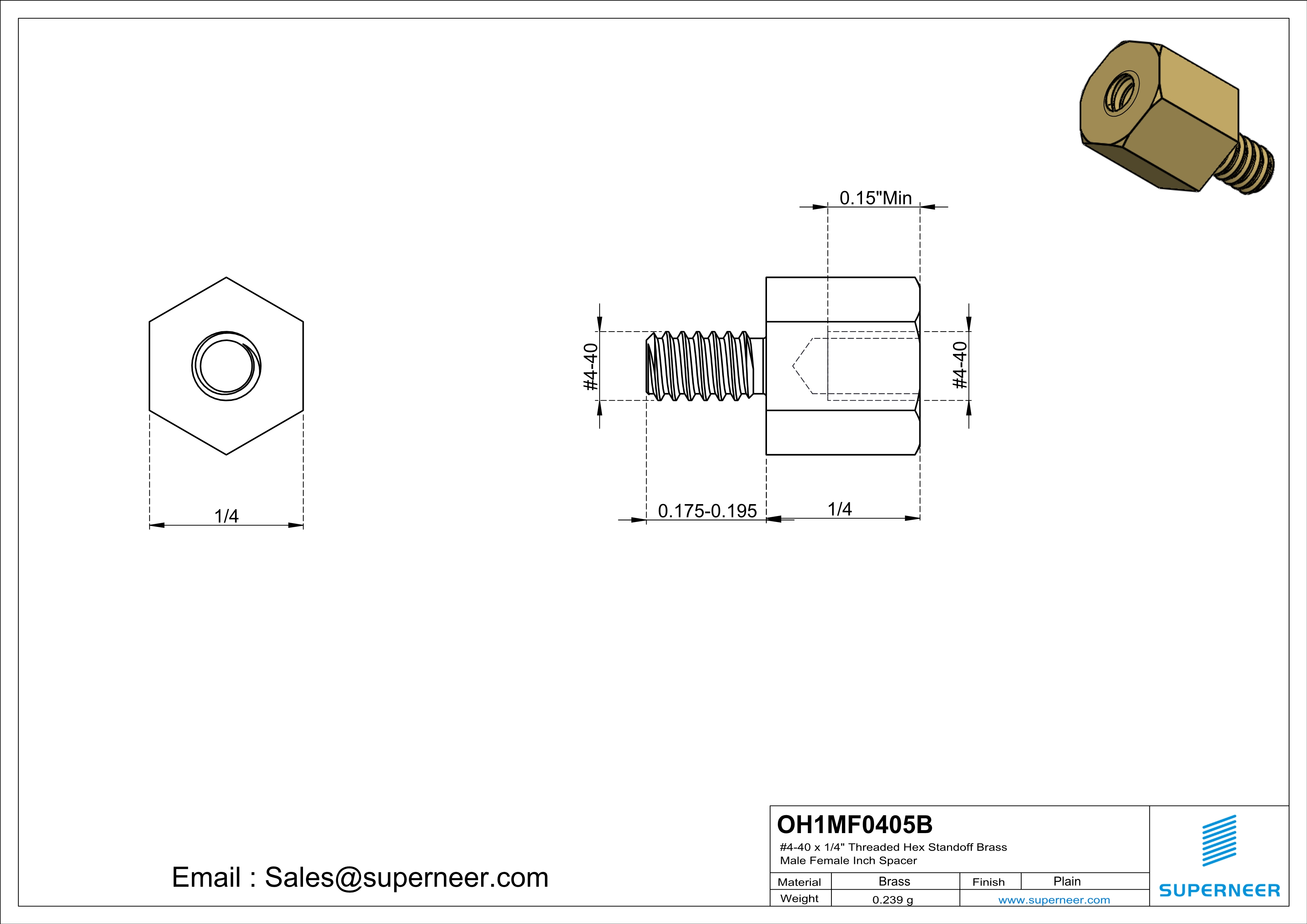 4-40 x 1/4" Threaded Hex Standoff Brass Male Female Inch Spacer 