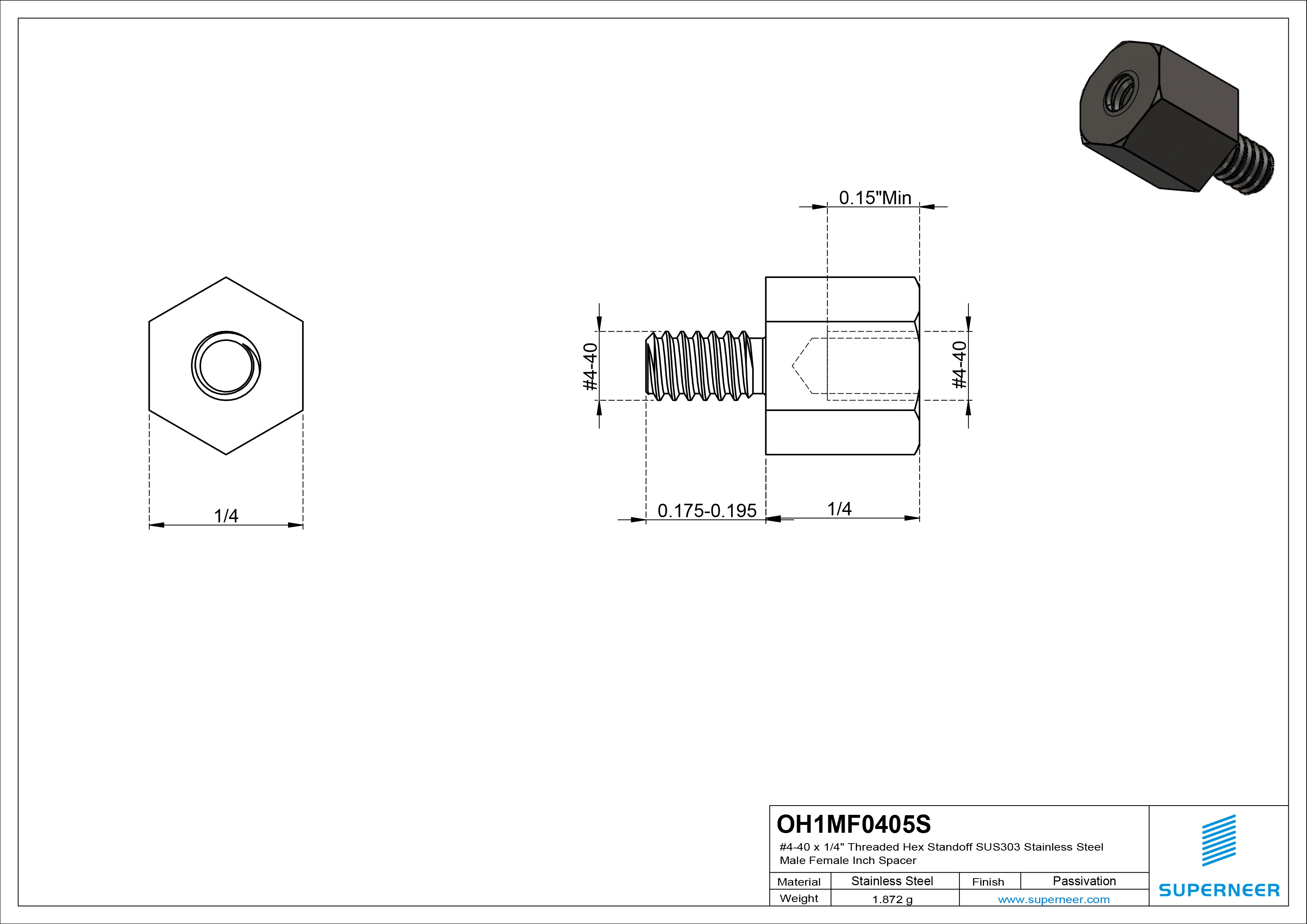 4-40 x 1/4" Threaded Hex Standoff SUS303 Stainless Steel Inox Male Female Inch Spacer 