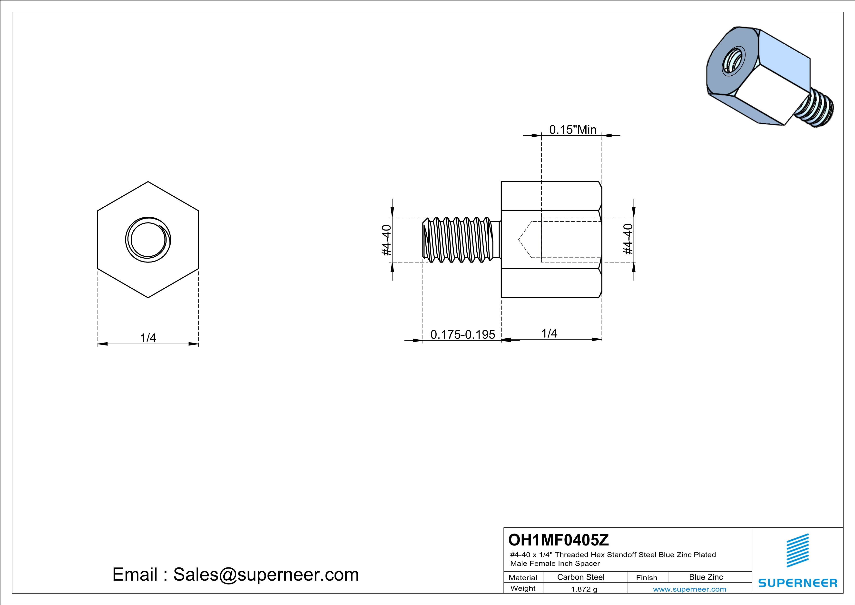 4-40 x 1/4" Threaded Hex Standoff Steel Blue Zinc Plated Male Female Inch Spacer 