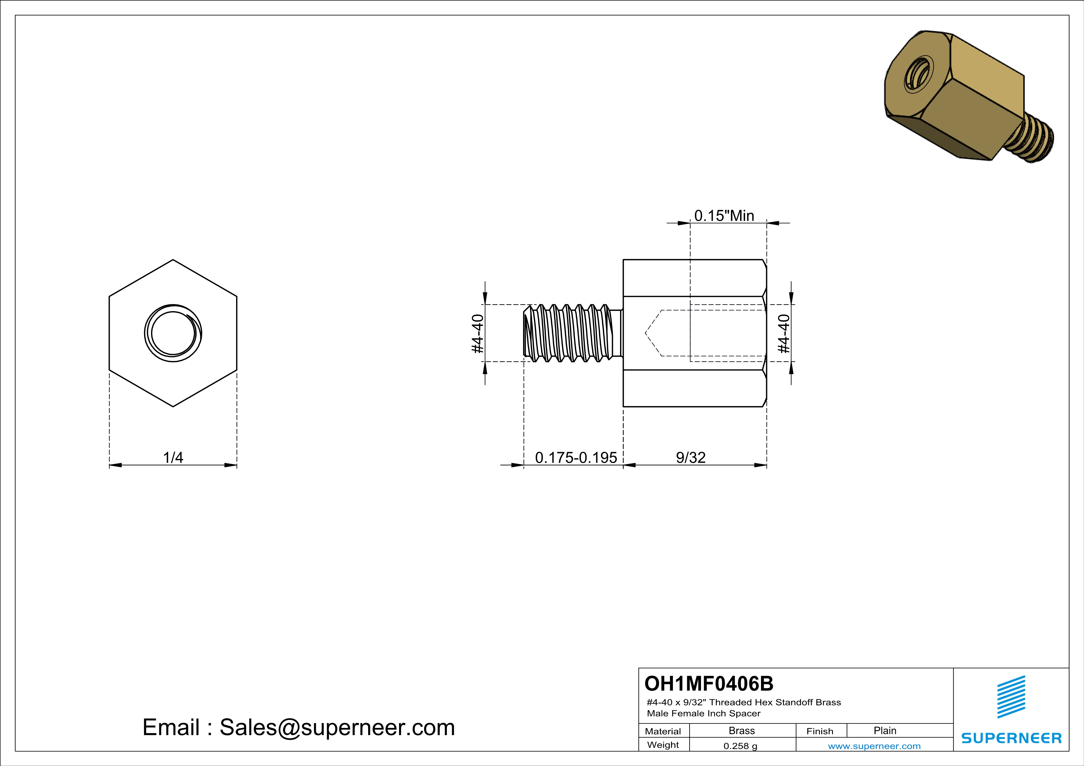 4-40 x 9/32" Threaded Hex Standoff Brass Male Female Inch Spacer 