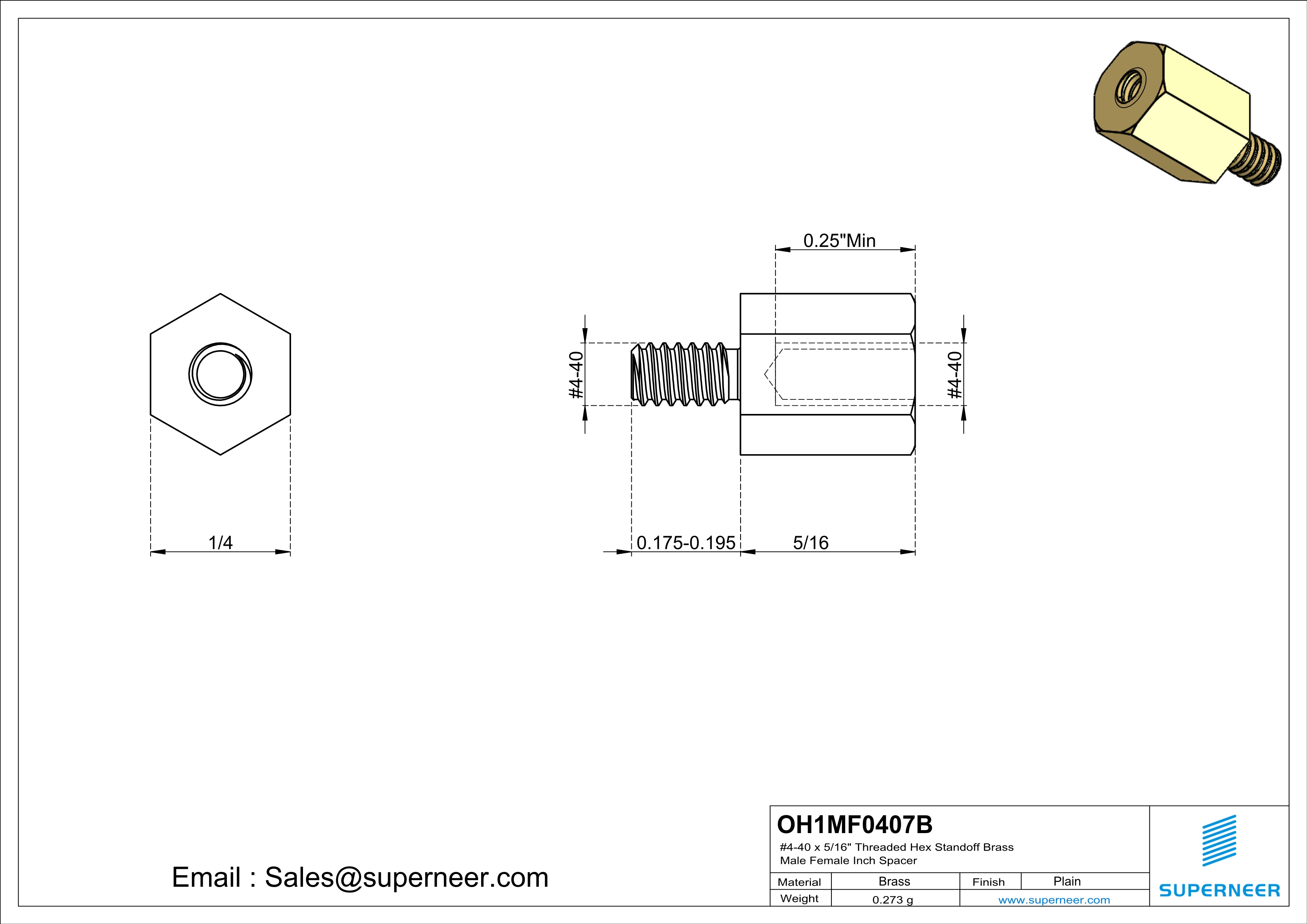 4-40 x 5/16" Threaded Hex Standoff Brass Male Female Inch Spacer 