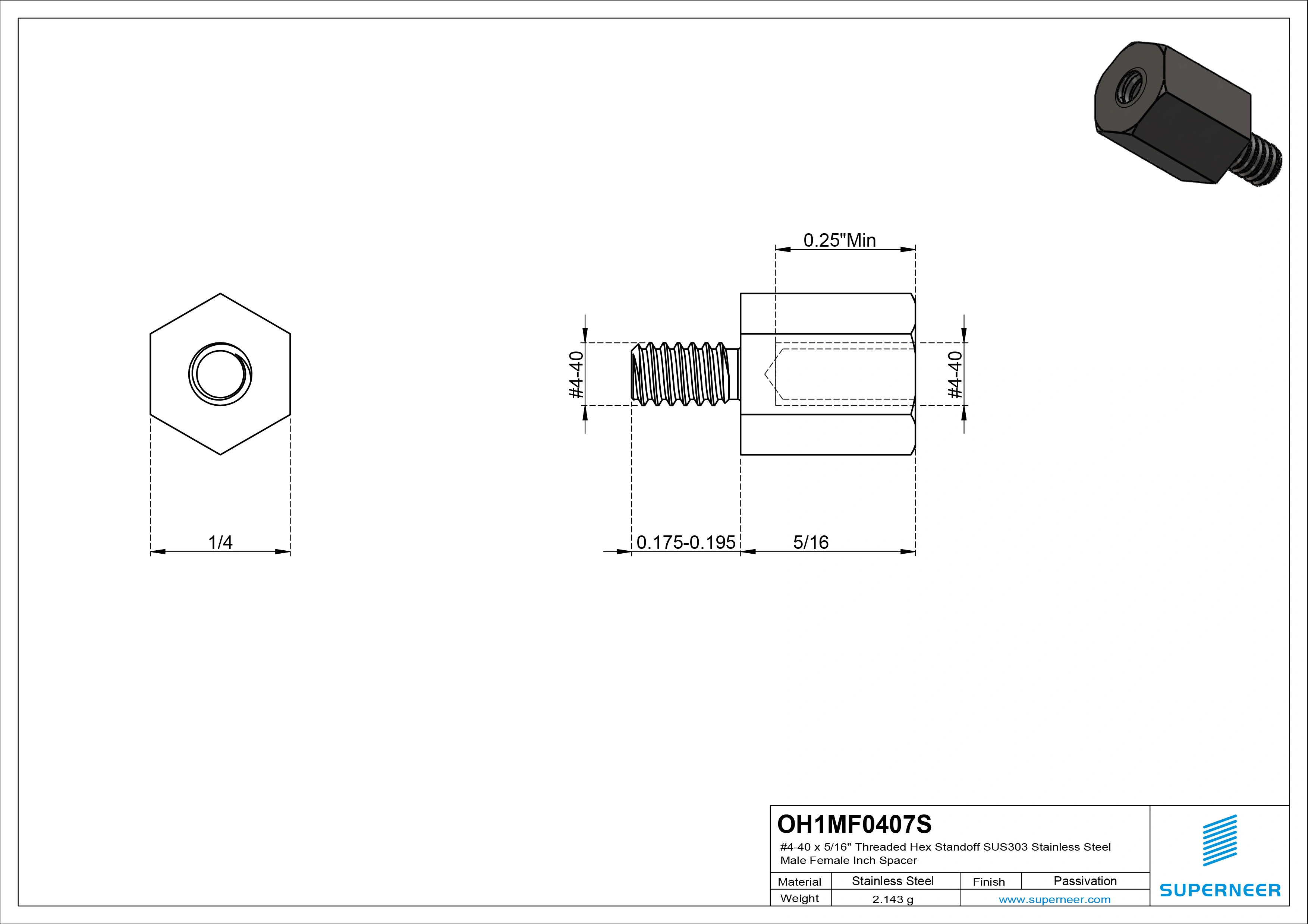 4-40 x 5/16" Threaded Hex Standoff SUS303 Stainless Steel Inox Male Female Inch Spacer 