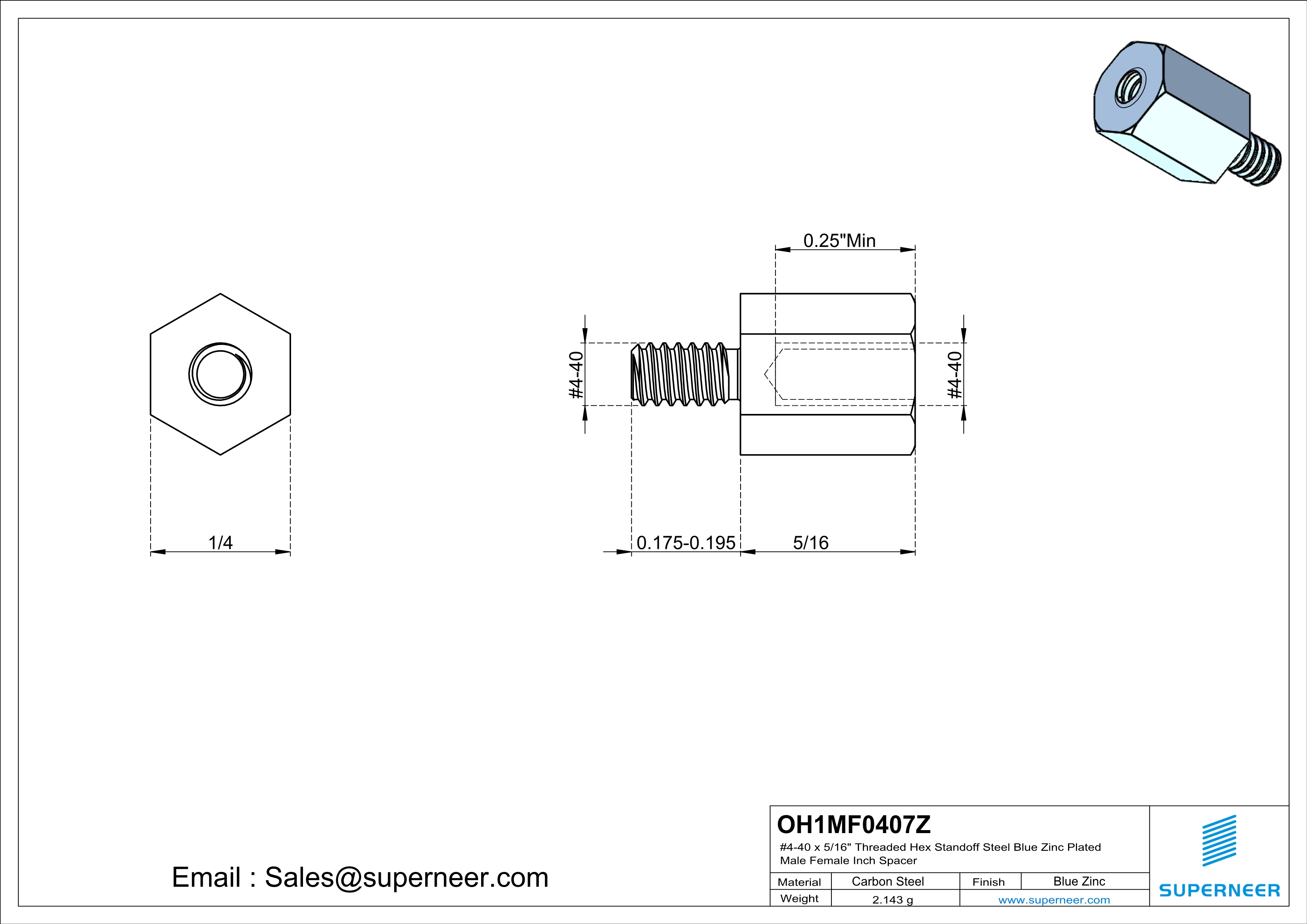 4-40 x 5/16" Threaded Hex Standoff Steel Blue Zinc Plated Male Female Inch Spacer 