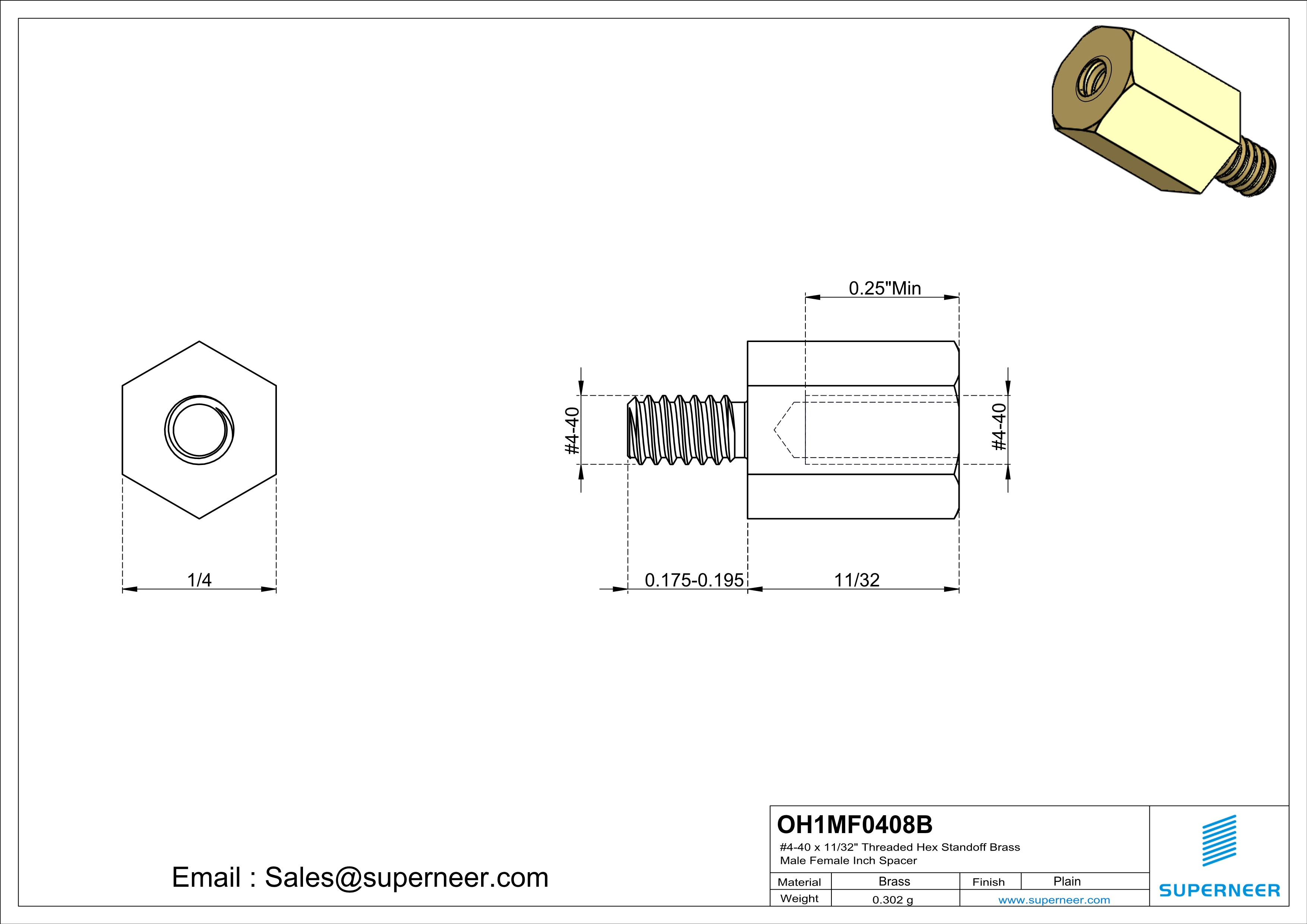 4-40 x 11/32" Threaded Hex Standoff Brass Male Female Inch Spacer 