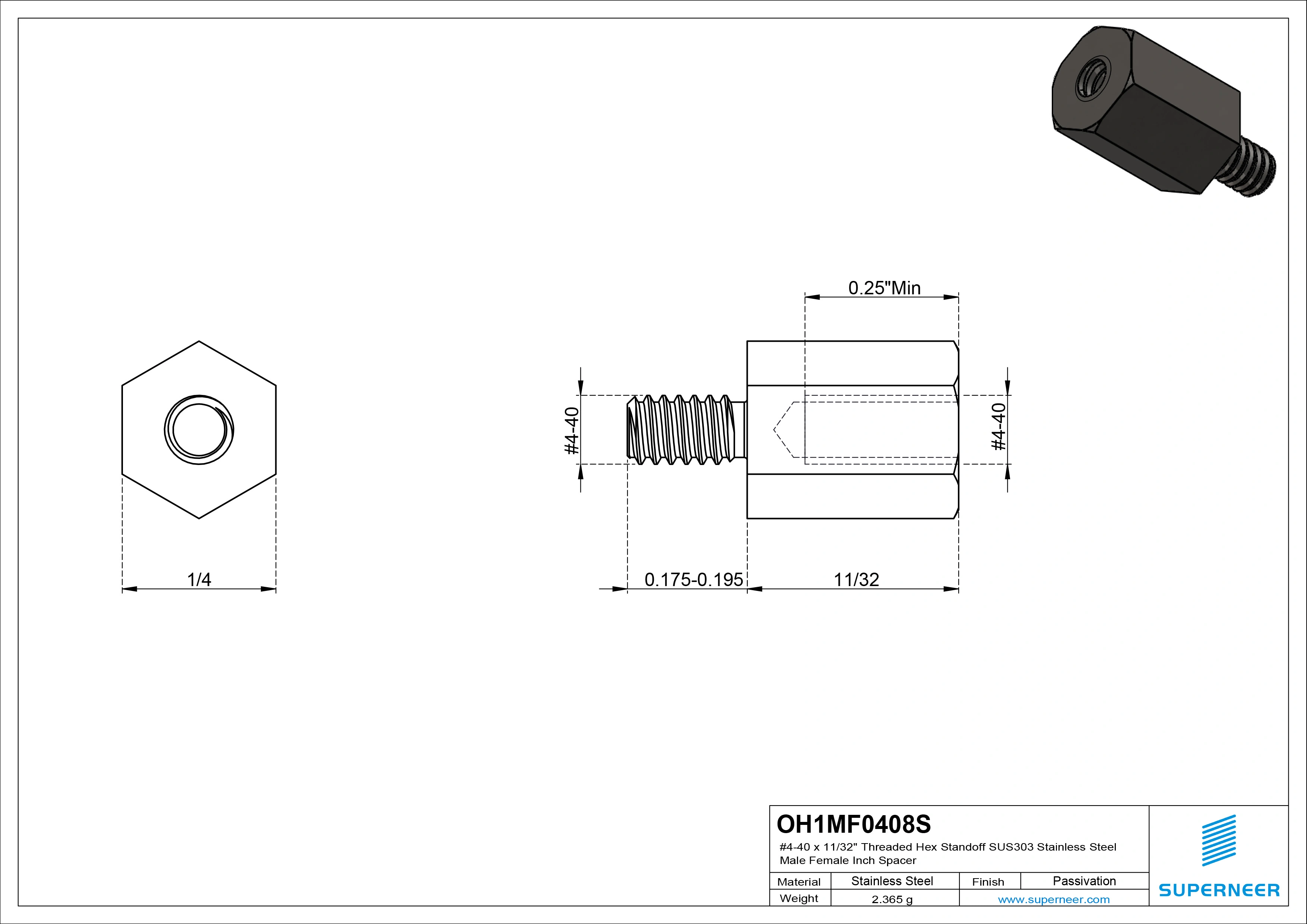 4-40 x 11/32" Threaded Hex Standoff SUS303 Stainless Steel Inox Male Female Inch Spacer 