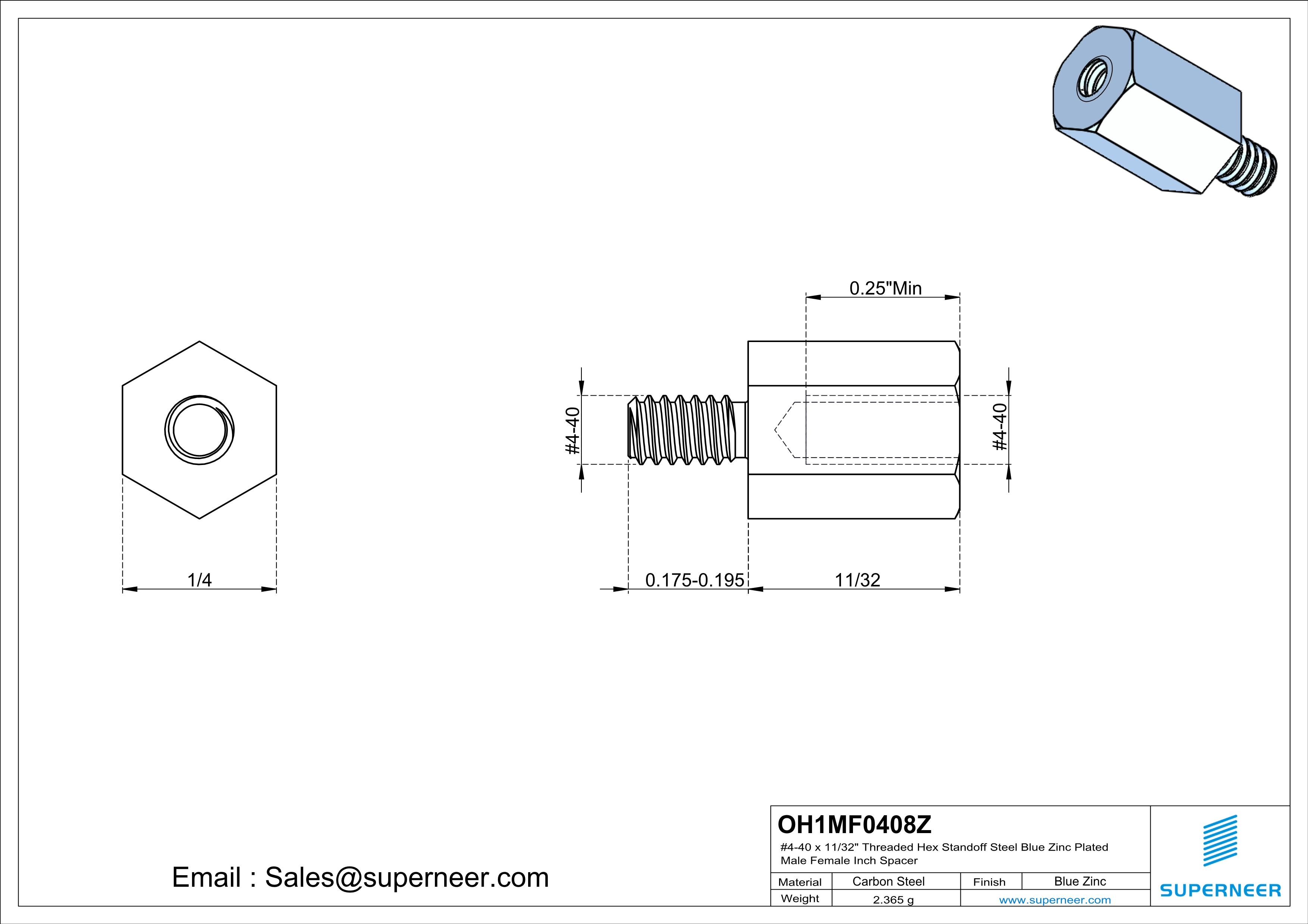 4-40 x 11/32" Threaded Hex Standoff Steel Blue Zinc Plated Male Female Inch Spacer 