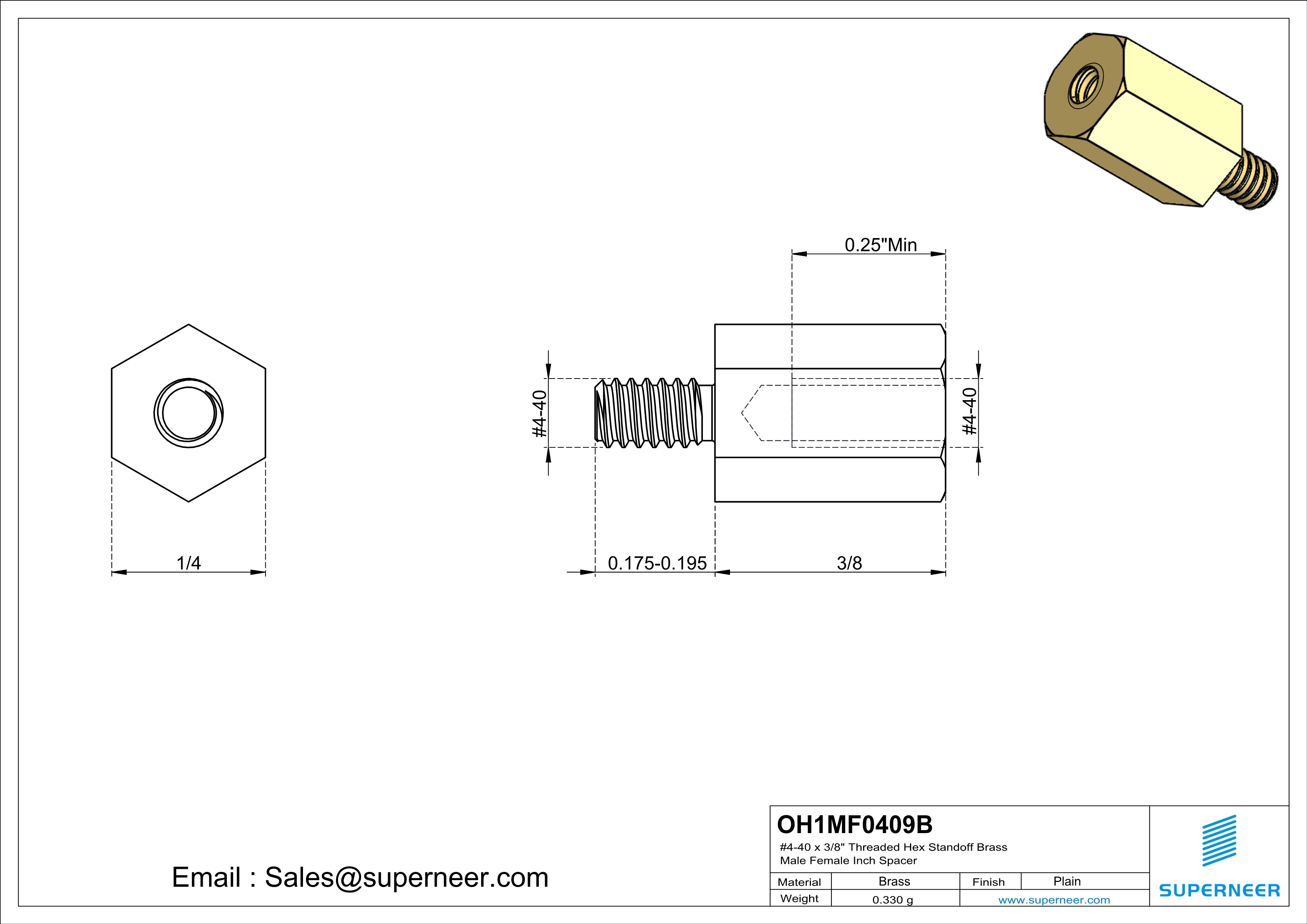 4-40 x 3/8" Threaded Hex Standoff Brass Male Female Inch Spacer 