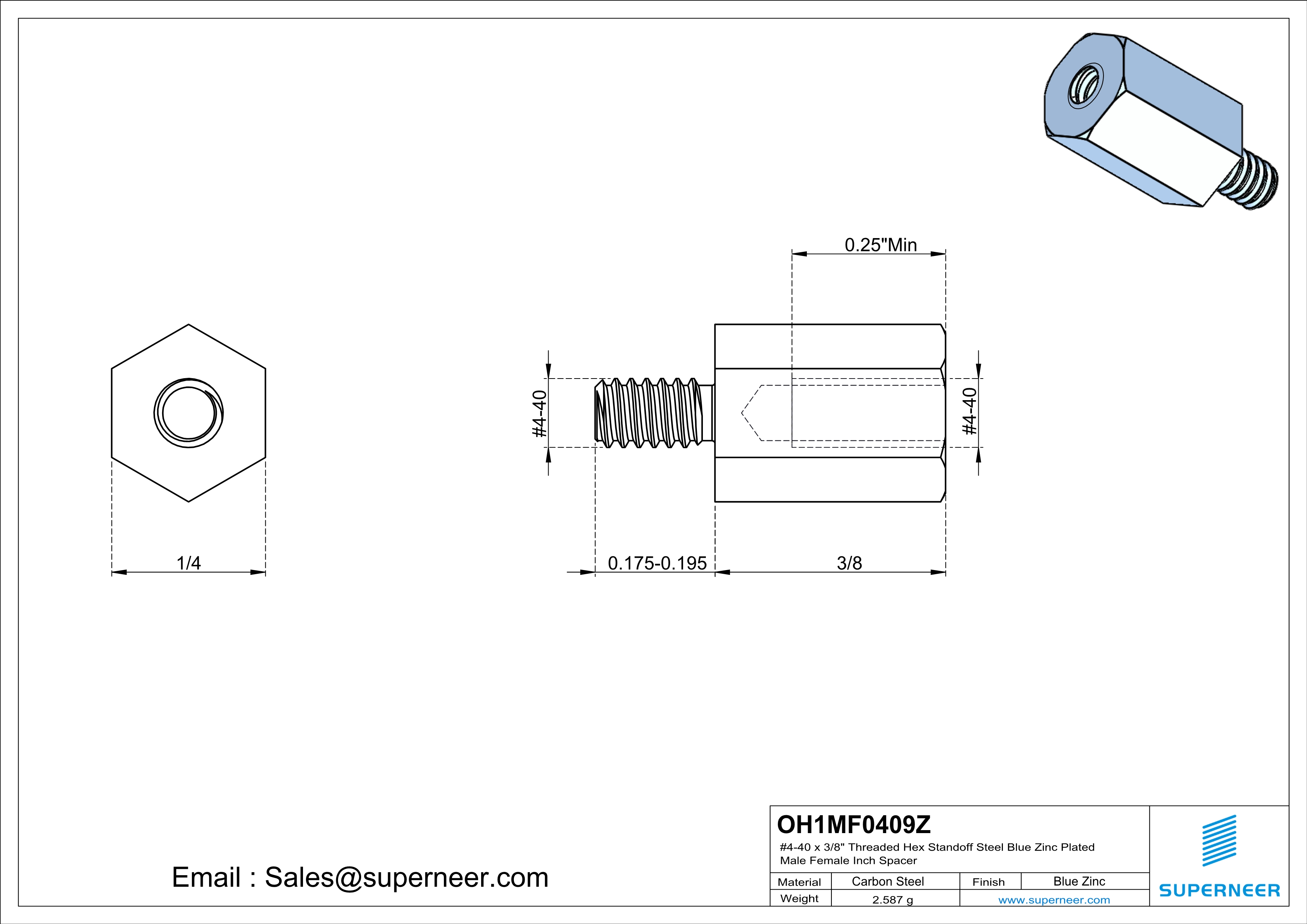 4-40 x 3/8" Threaded Hex Standoff Steel Blue Zinc Plated Male Female Inch Spacer 