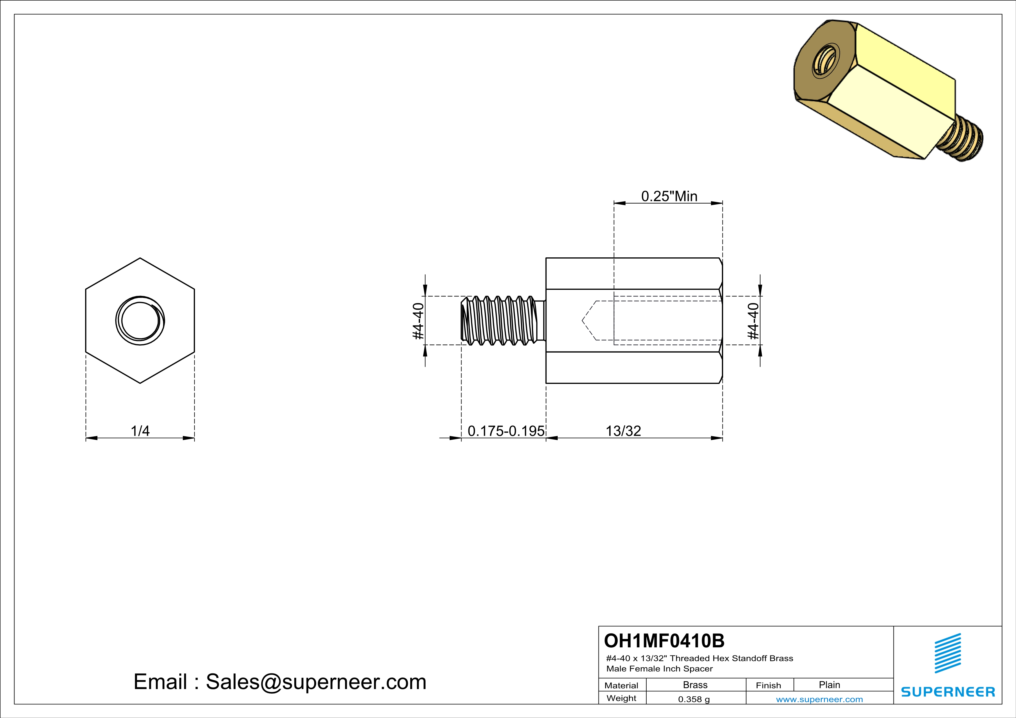 4-40 x 13/32" Threaded Hex Standoff Brass Male Female Inch Spacer 