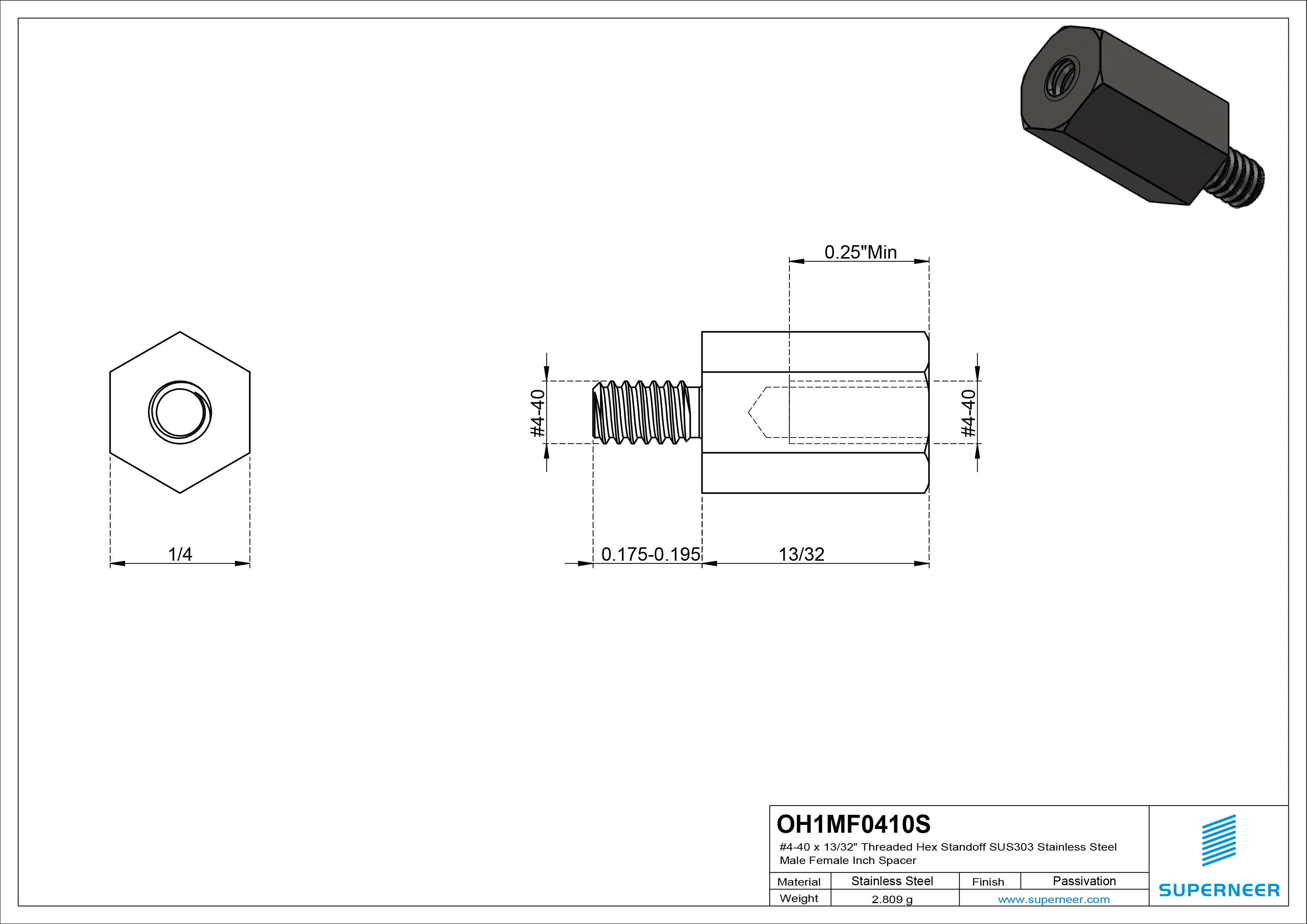 4-40 x 13/32" Threaded Hex Standoff SUS303 Stainless Steel Inox Male Female Inch Spacer 