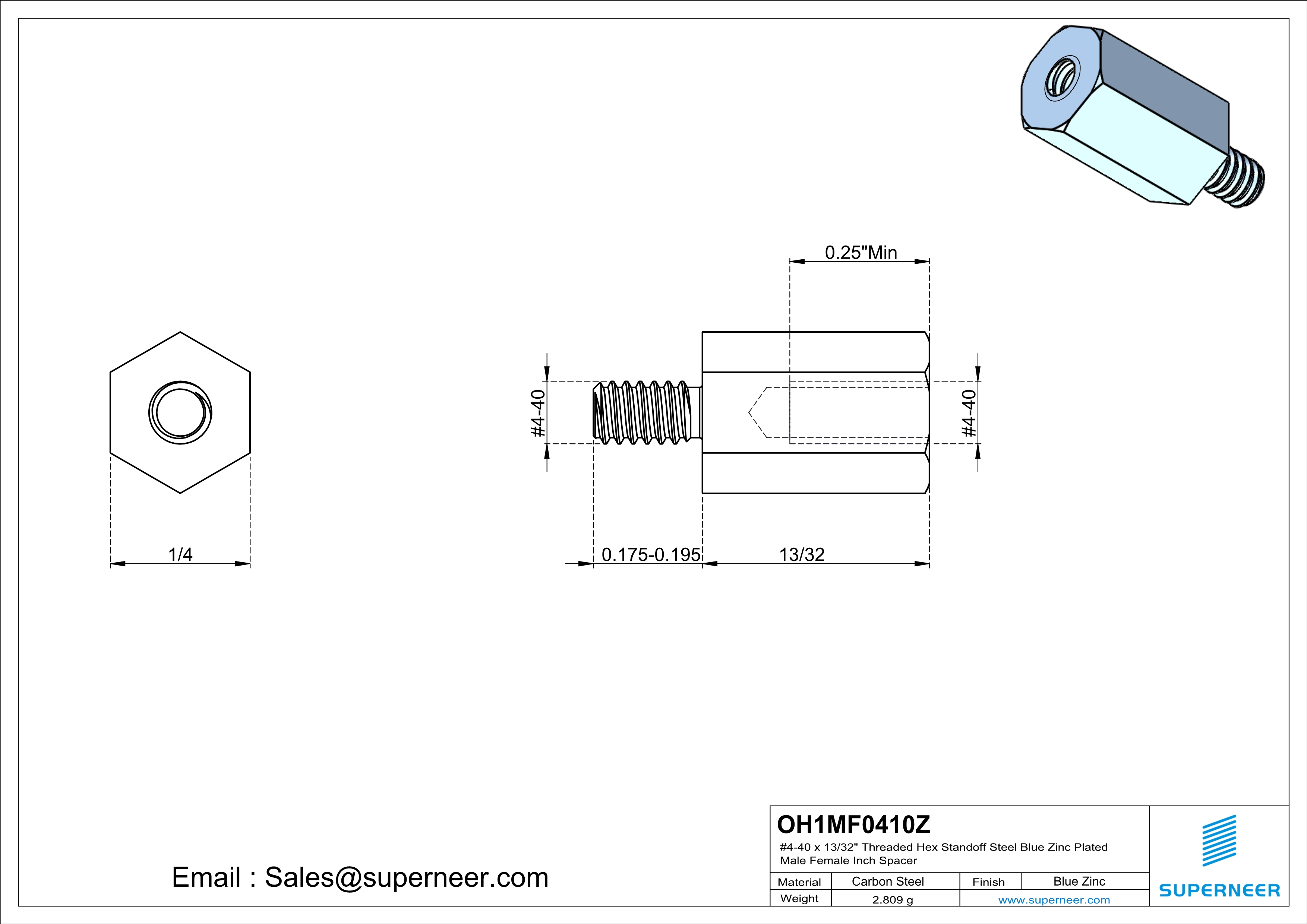 4-40 x 13/32" Threaded Hex Standoff Steel Blue Zinc Plated Male Female Inch Spacer 