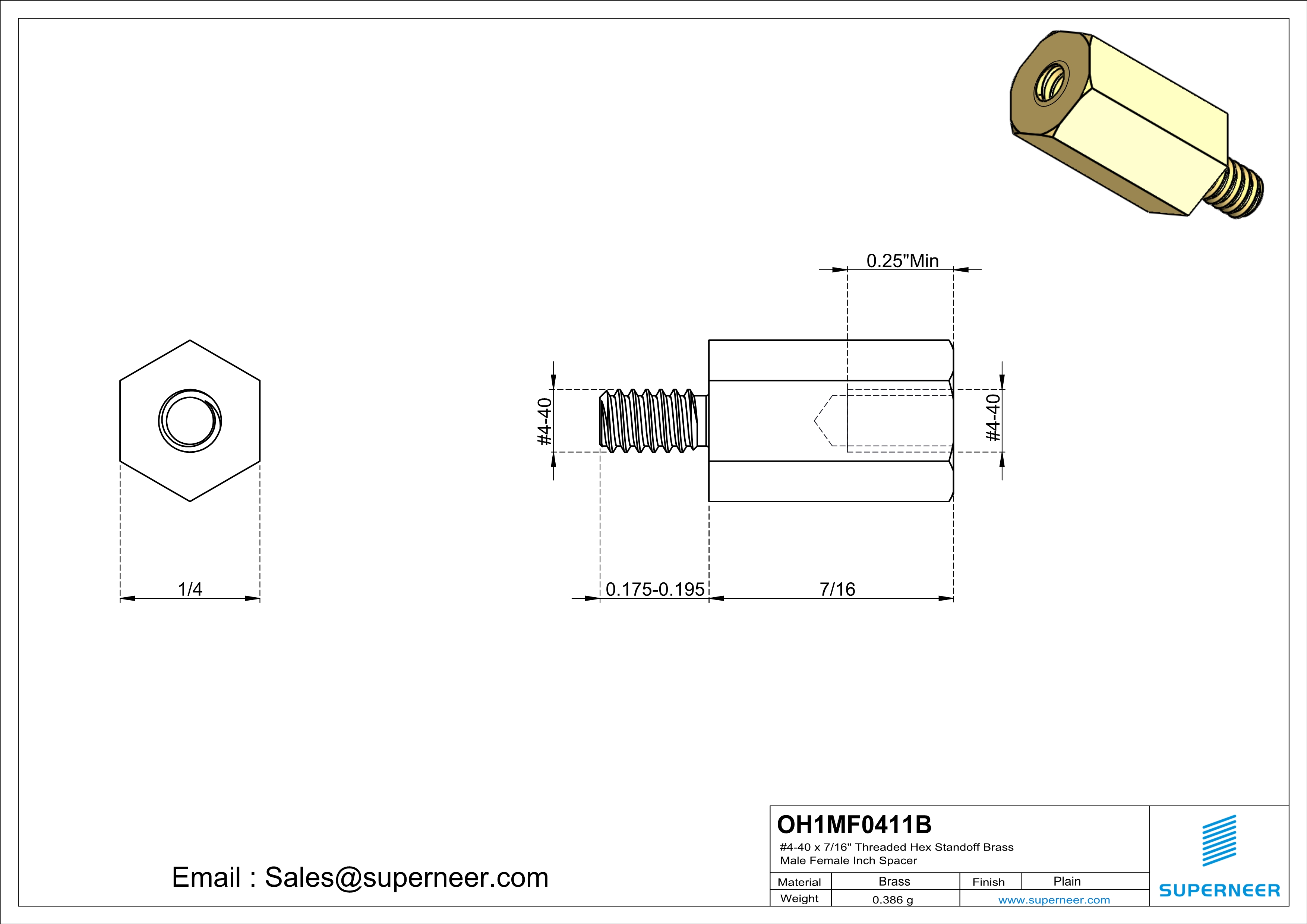 4-40 x 7/16" Threaded Hex Standoff Brass Male Female Inch Spacer 