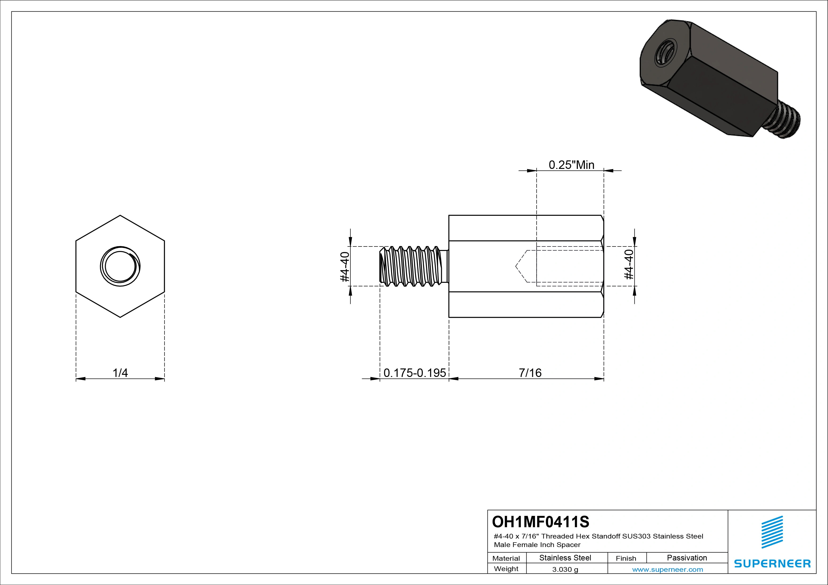 4-40 x 7/16" Threaded Hex Standoff SUS303 Stainless Steel Inox Male Female Inch Spacer 