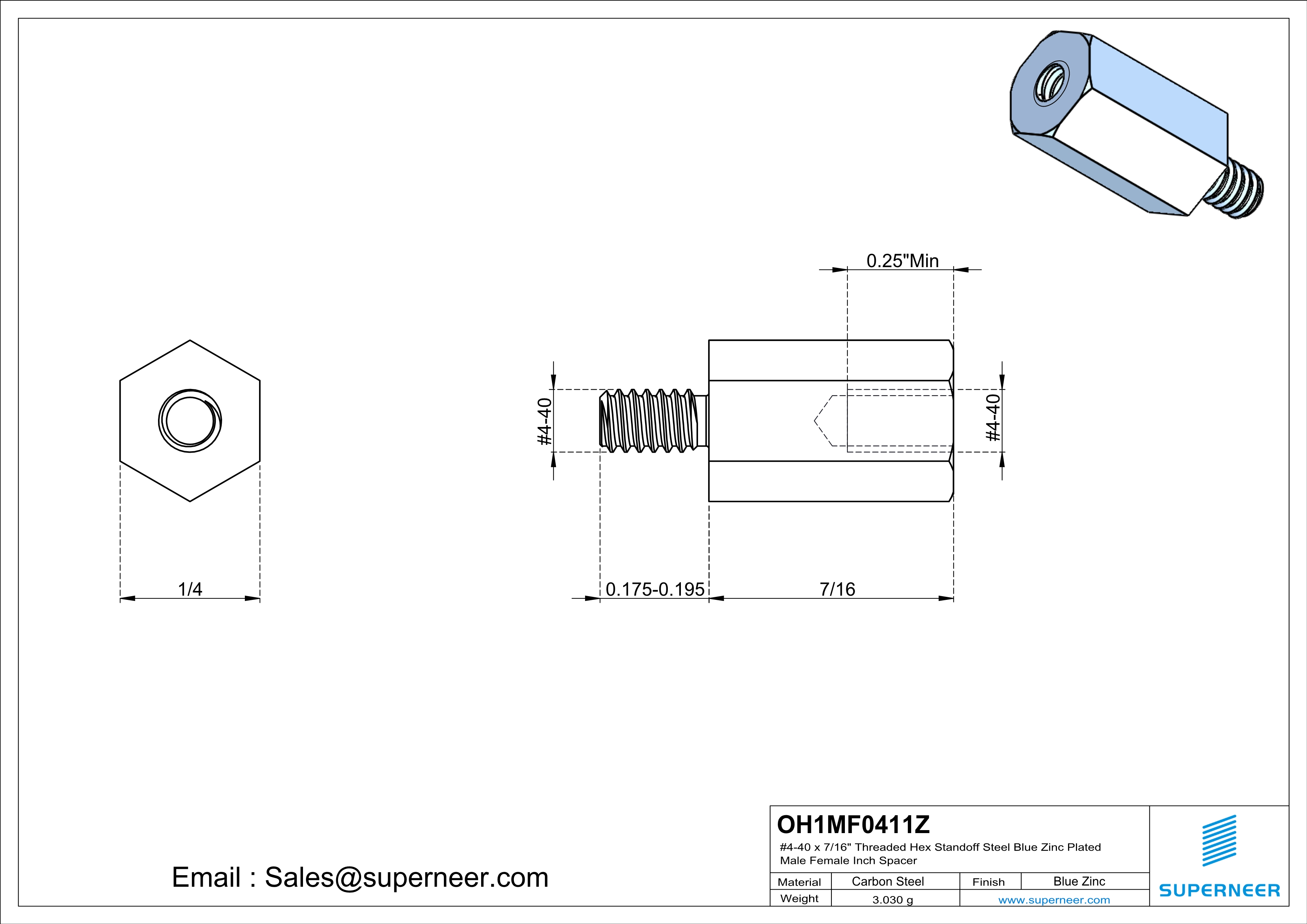 4-40 x 7/16" Threaded Hex Standoff Steel Blue Zinc Plated Male Female Inch Spacer 