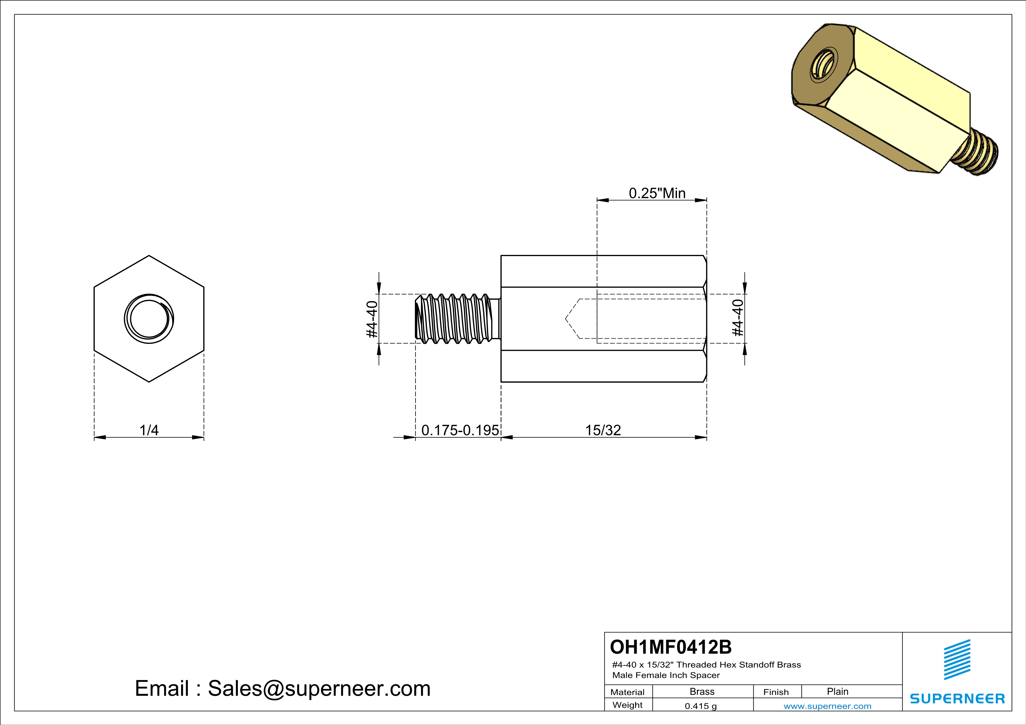 4-40 x 15/32" Threaded Hex Standoff Brass Male Female Inch Spacer 