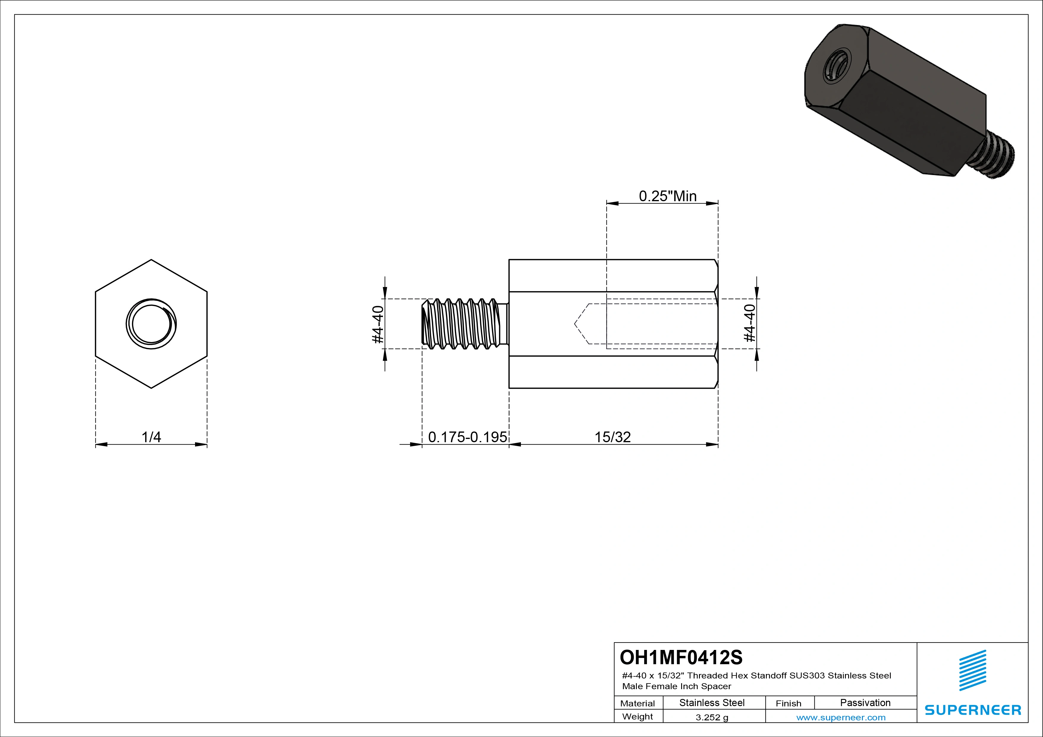 4-40 x 15/32" Threaded Hex Standoff SUS303 Stainless Steel Inox Male Female Inch Spacer 