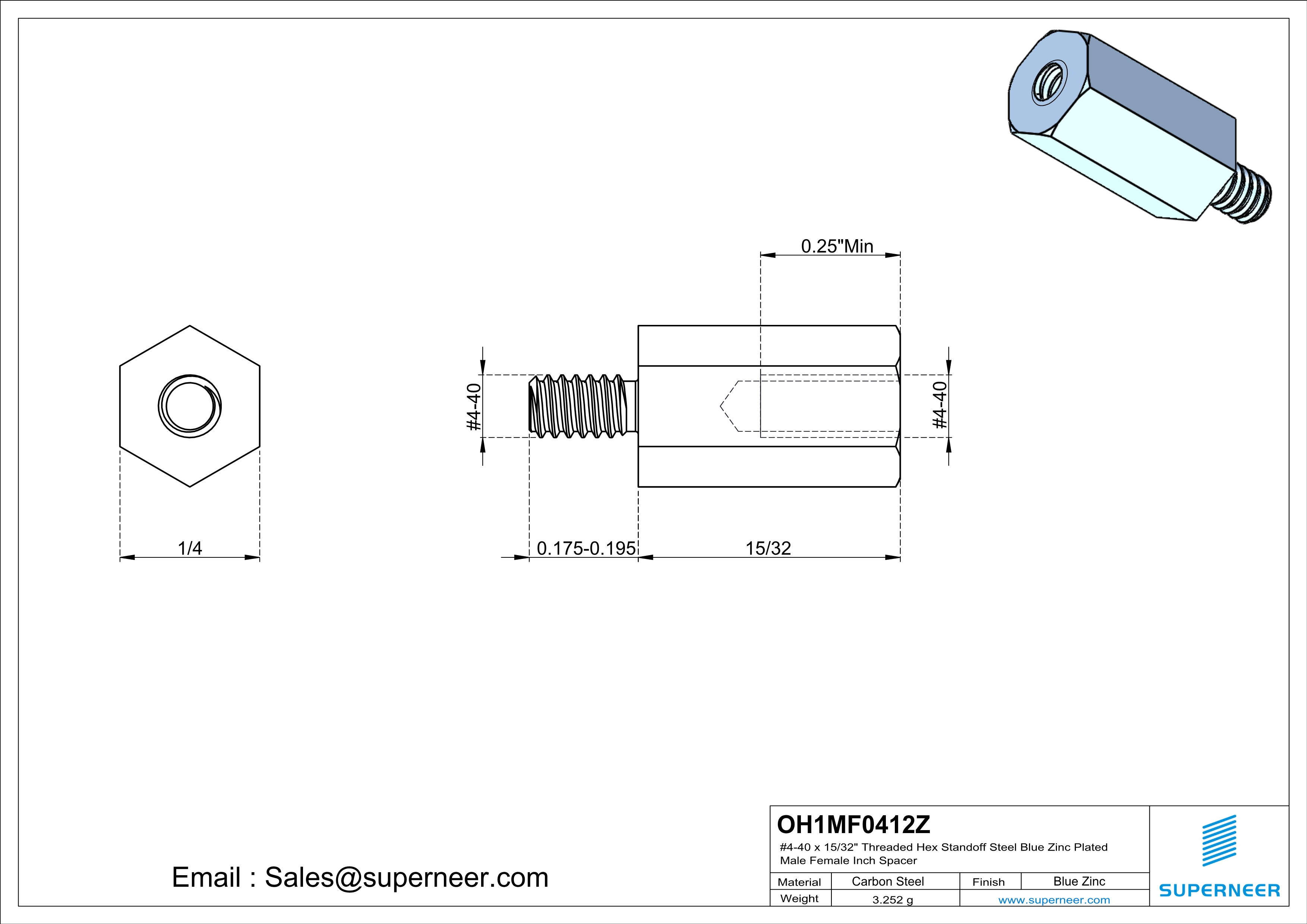 4-40 x 15/32" Threaded Hex Standoff Steel Blue Zinc Plated Male Female Inch Spacer 