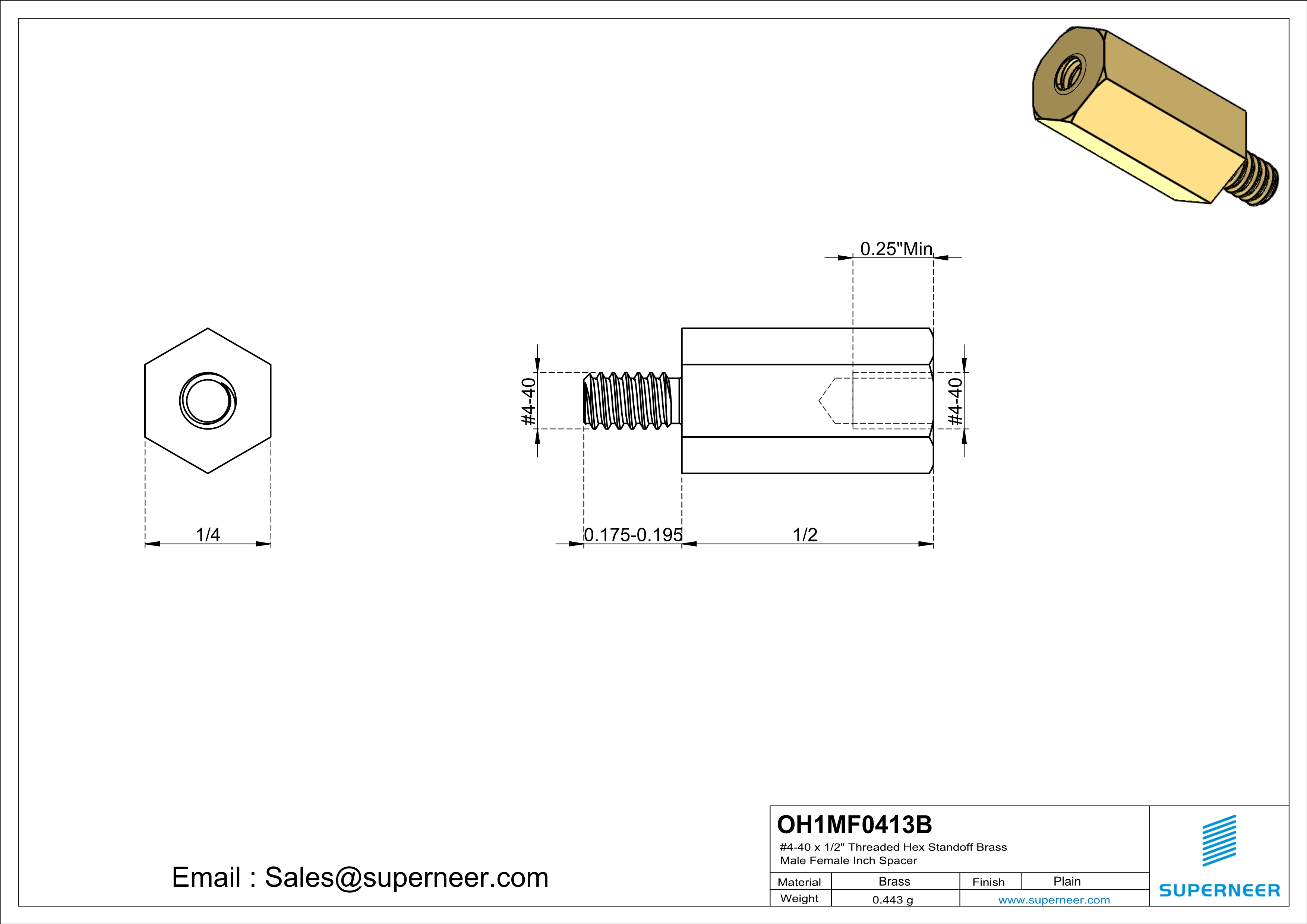 4-40 x 1/2" Threaded Hex Standoff Brass Male Female Inch Spacer 