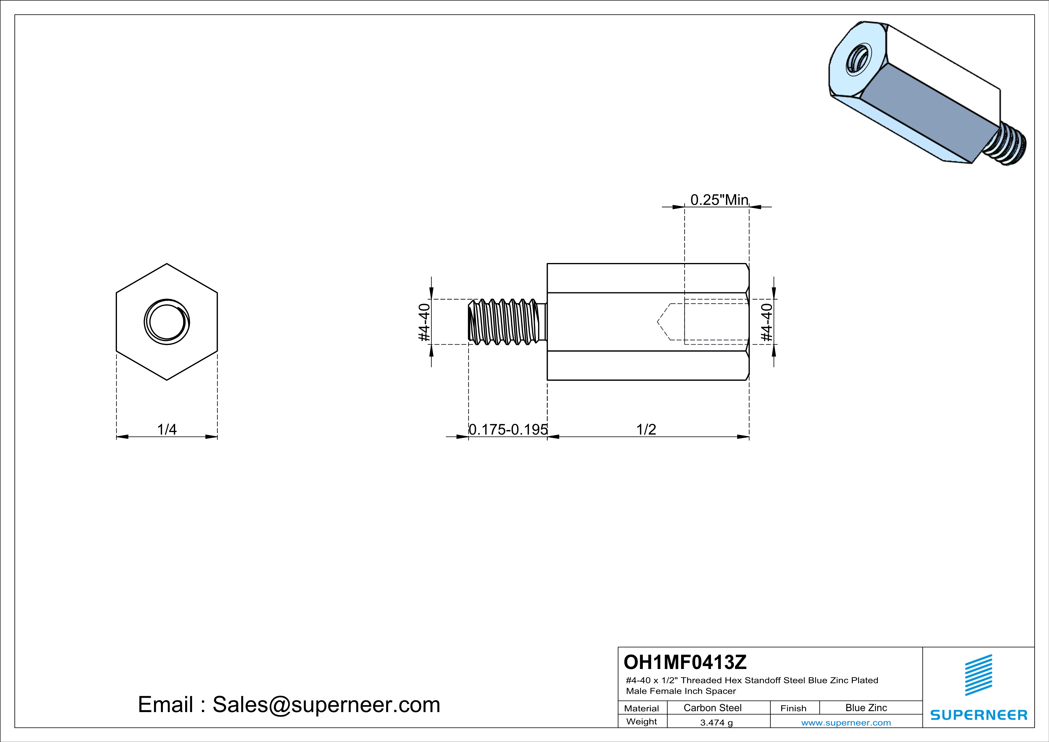 4-40 x 1/2" Threaded Hex Standoff Steel Blue Zinc Plated Male Female Inch Spacer 