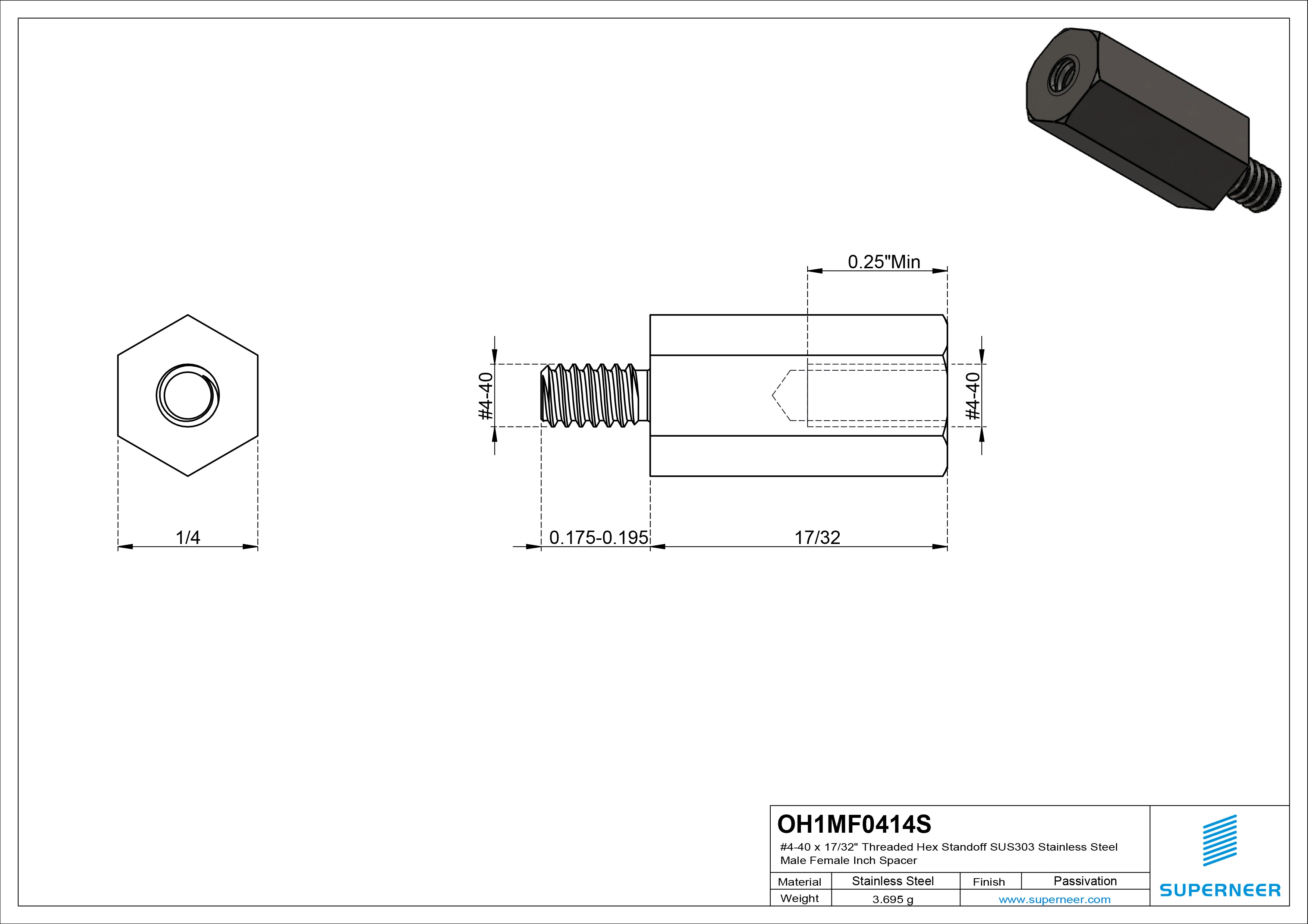 4-40 x 17/32" Threaded Hex Standoff SUS303 Stainless Steel Inox Male Female Inch Spacer 