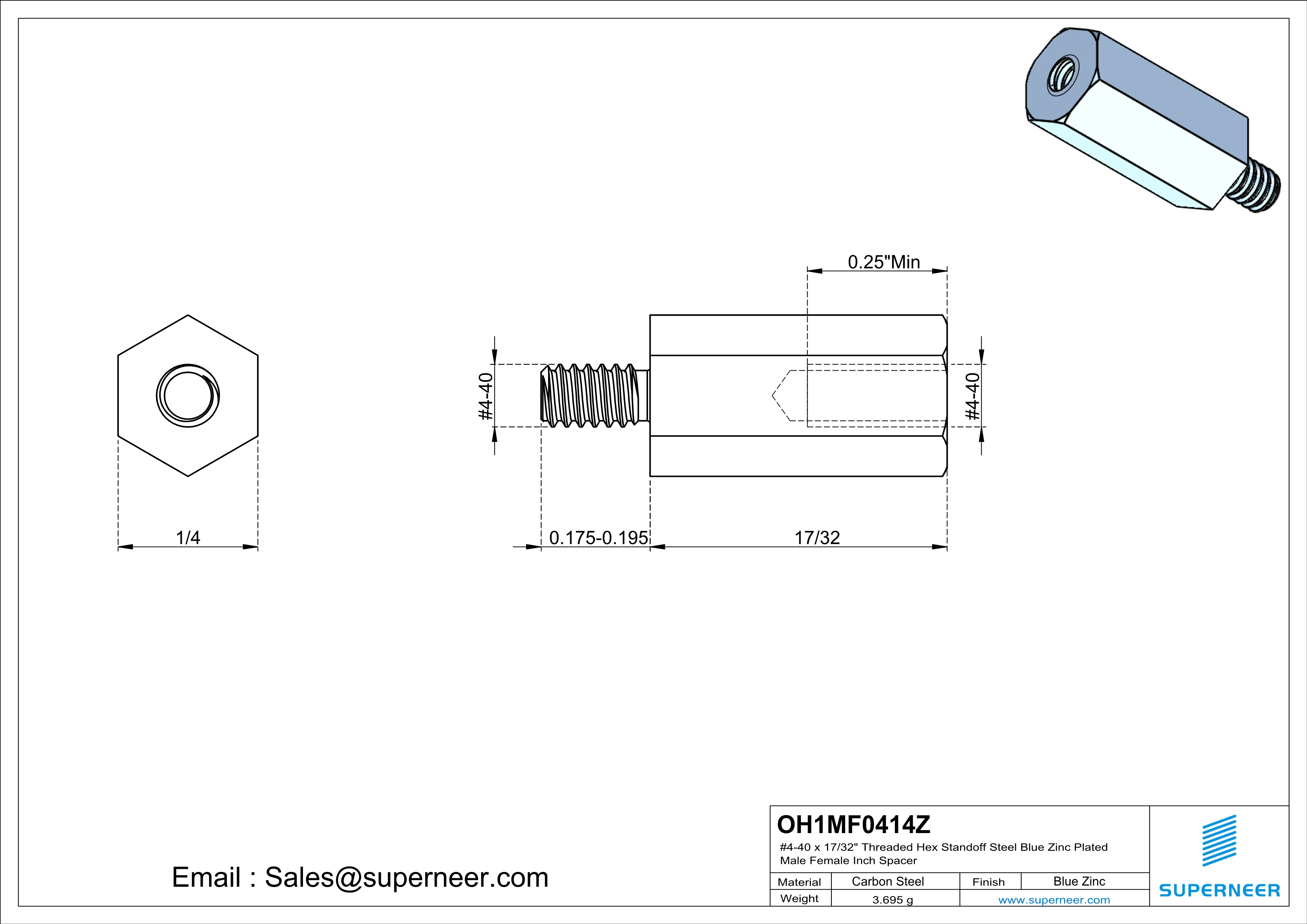 4-40 x 17/32" Threaded Hex Standoff Steel Blue Zinc Plated Male Female Inch Spacer 