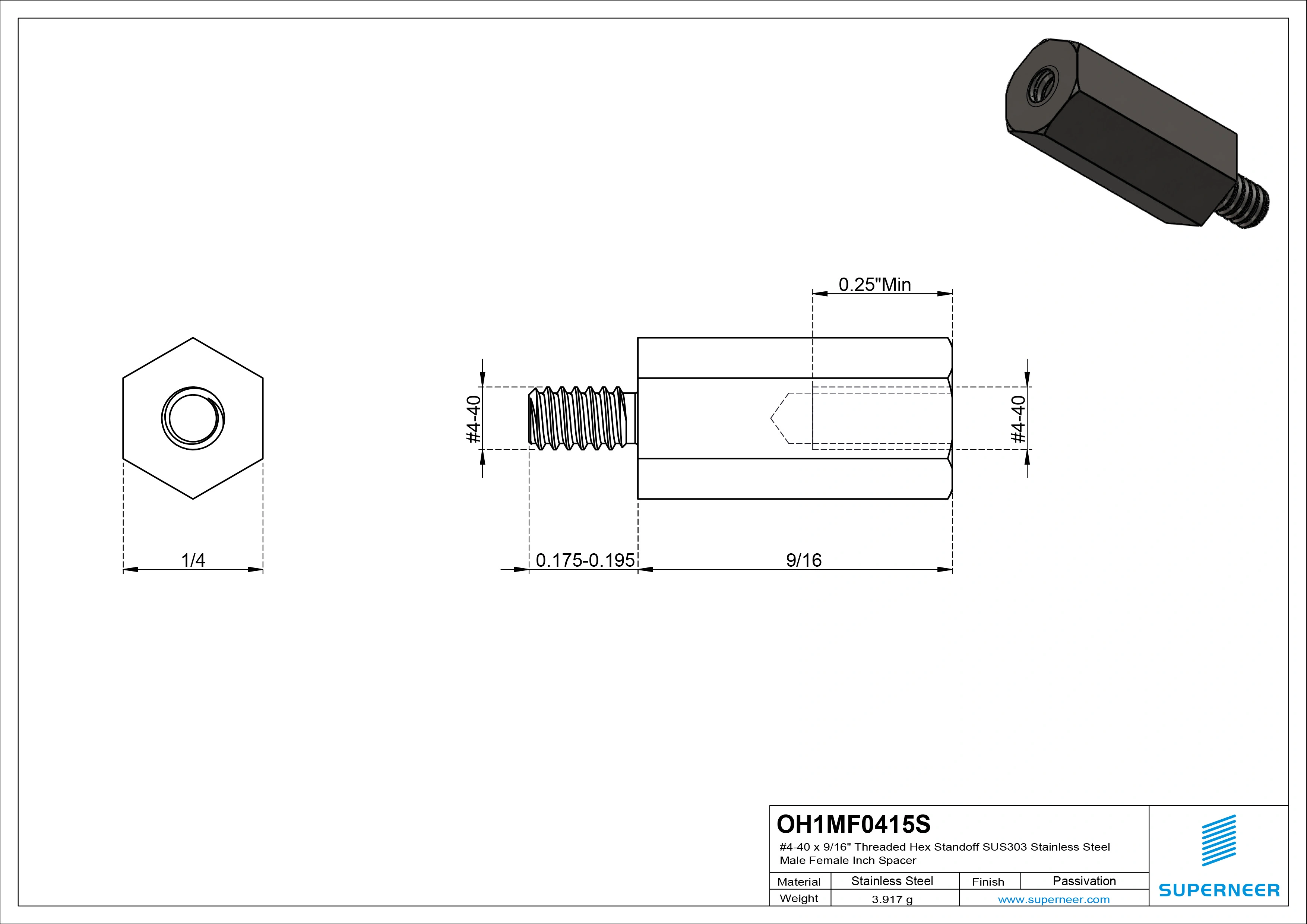 4-40 x 9/16" Threaded Hex Standoff SUS303 Stainless Steel Inox Male Female Inch Spacer 