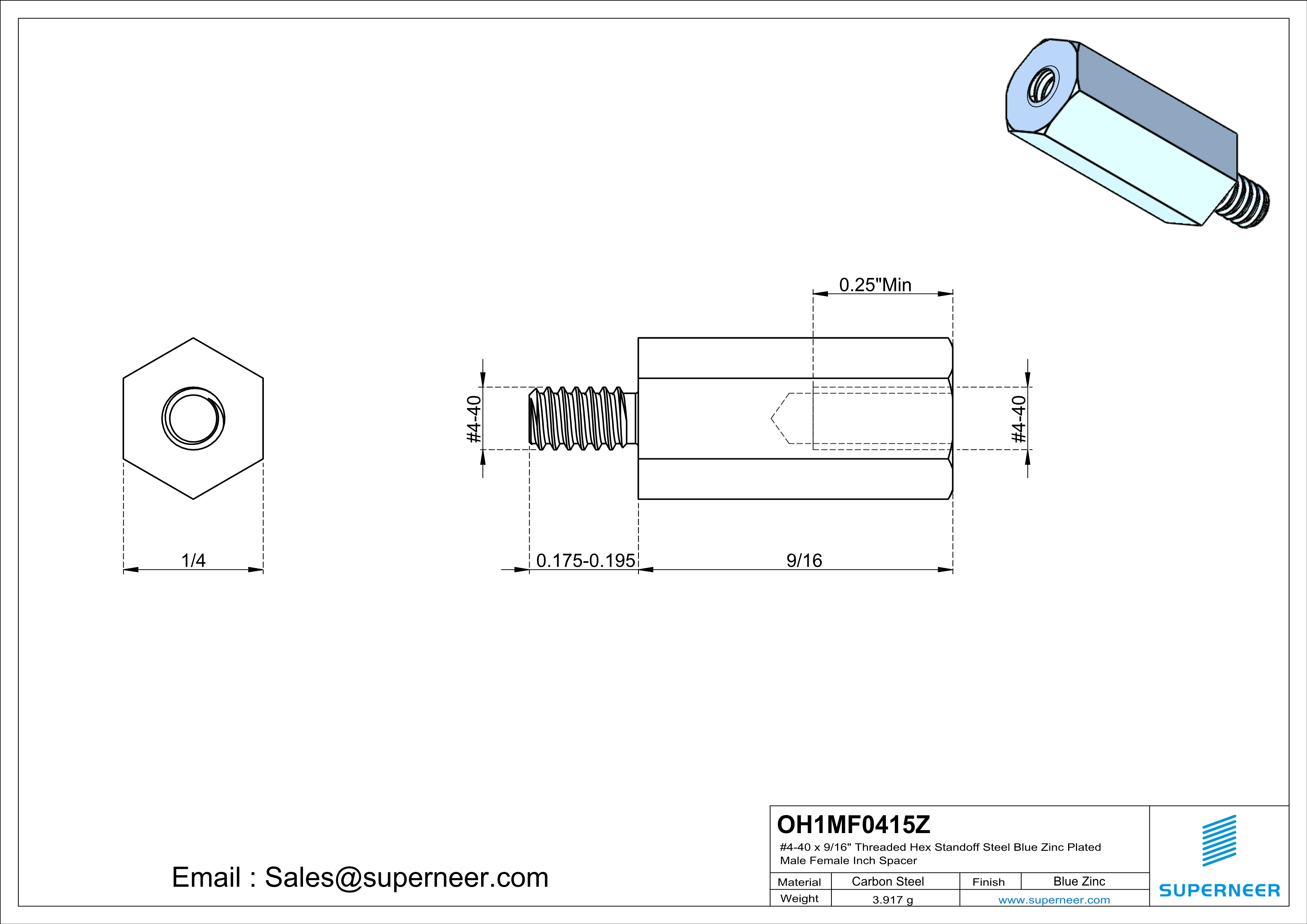 4-40 x 9/16" Threaded Hex Standoff Steel Blue Zinc Plated Male Female Inch Spacer 