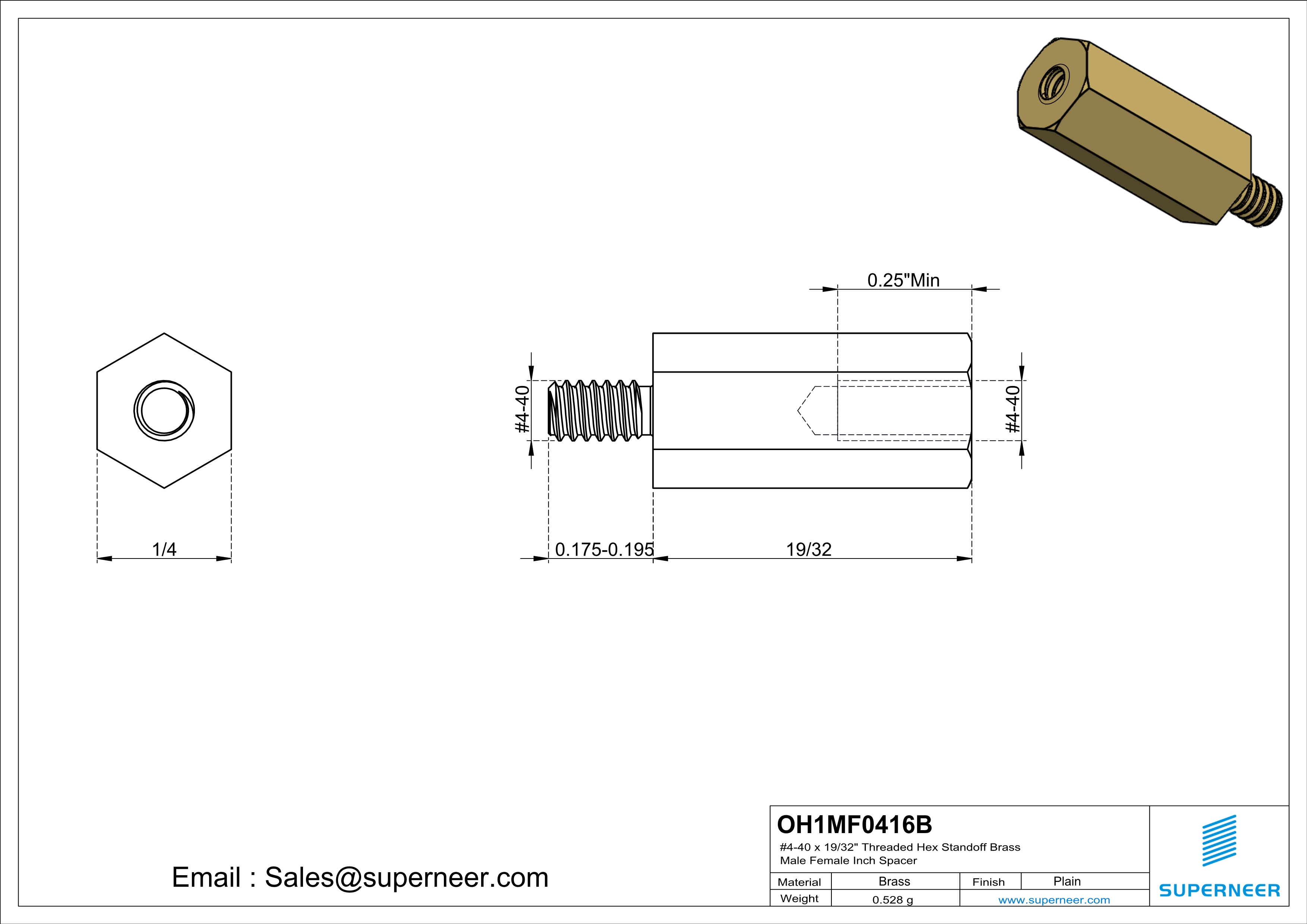 4-40 x 19/32" Threaded Hex Standoff Brass Male Female Inch Spacer 