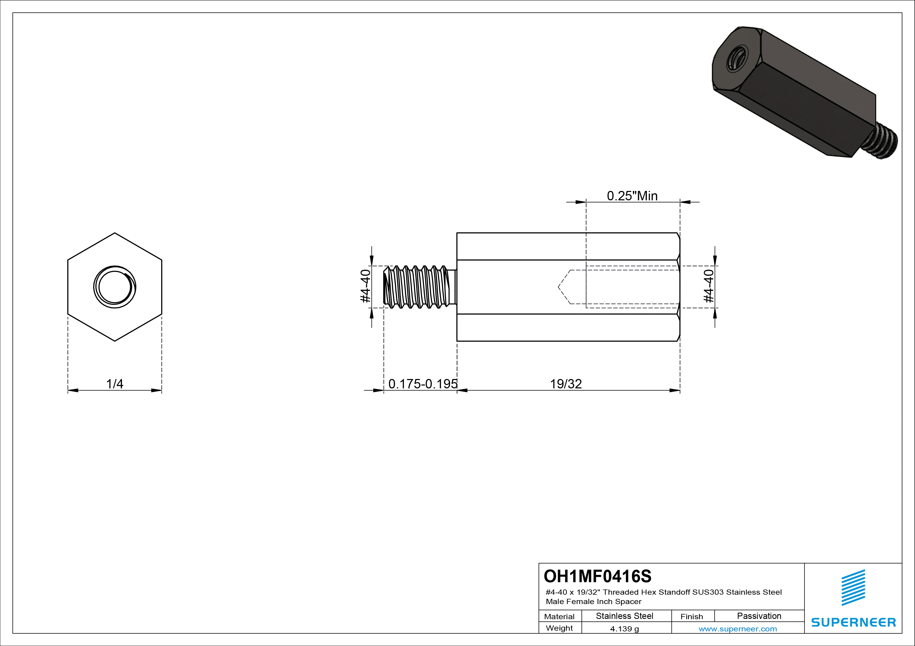 4-40 x 19/32" Threaded Hex Standoff SUS303 Stainless Steel Inox Male Female Inch Spacer 