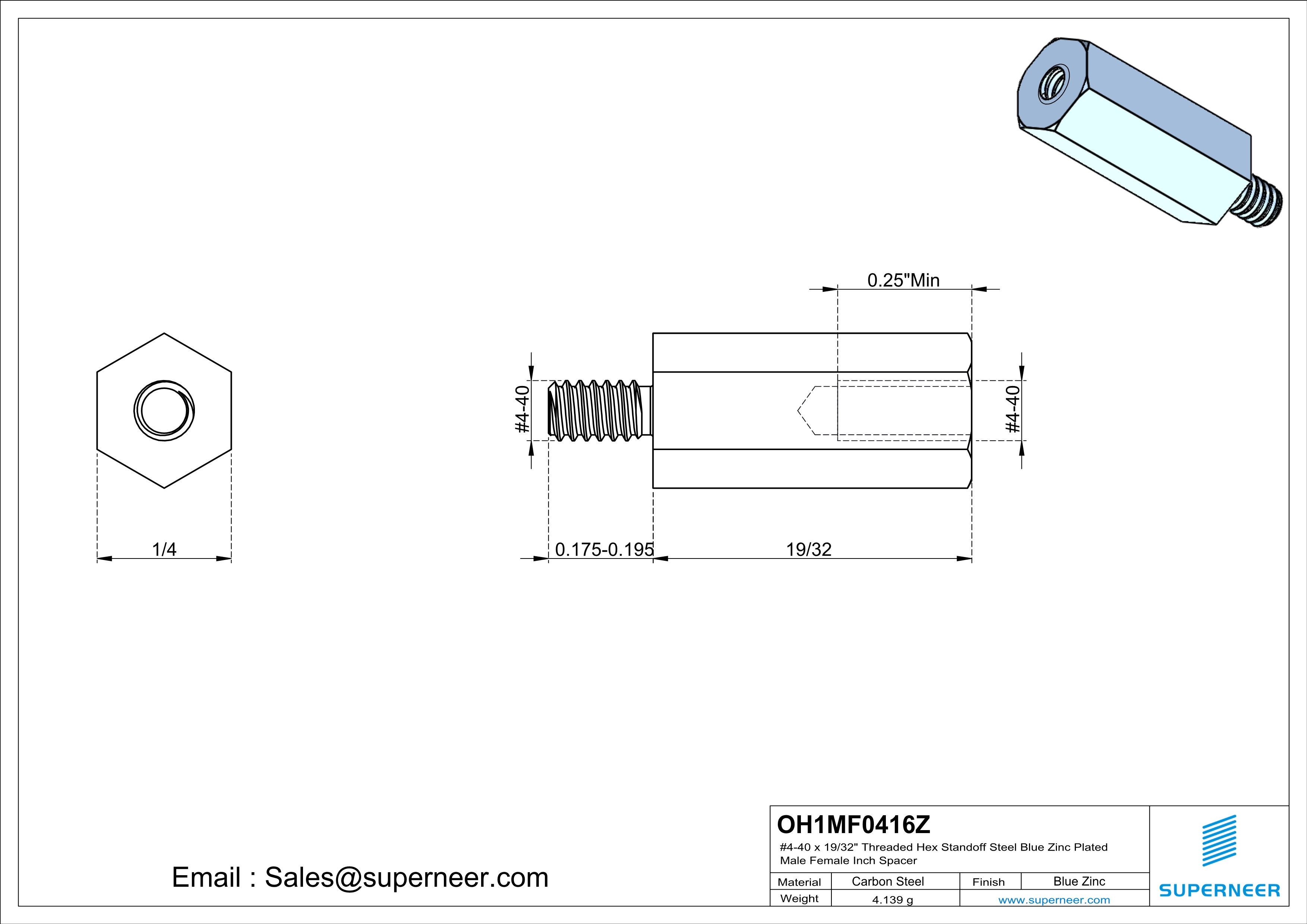 4-40 x 19/32" Threaded Hex Standoff Steel Blue Zinc Plated Male Female Inch Spacer 