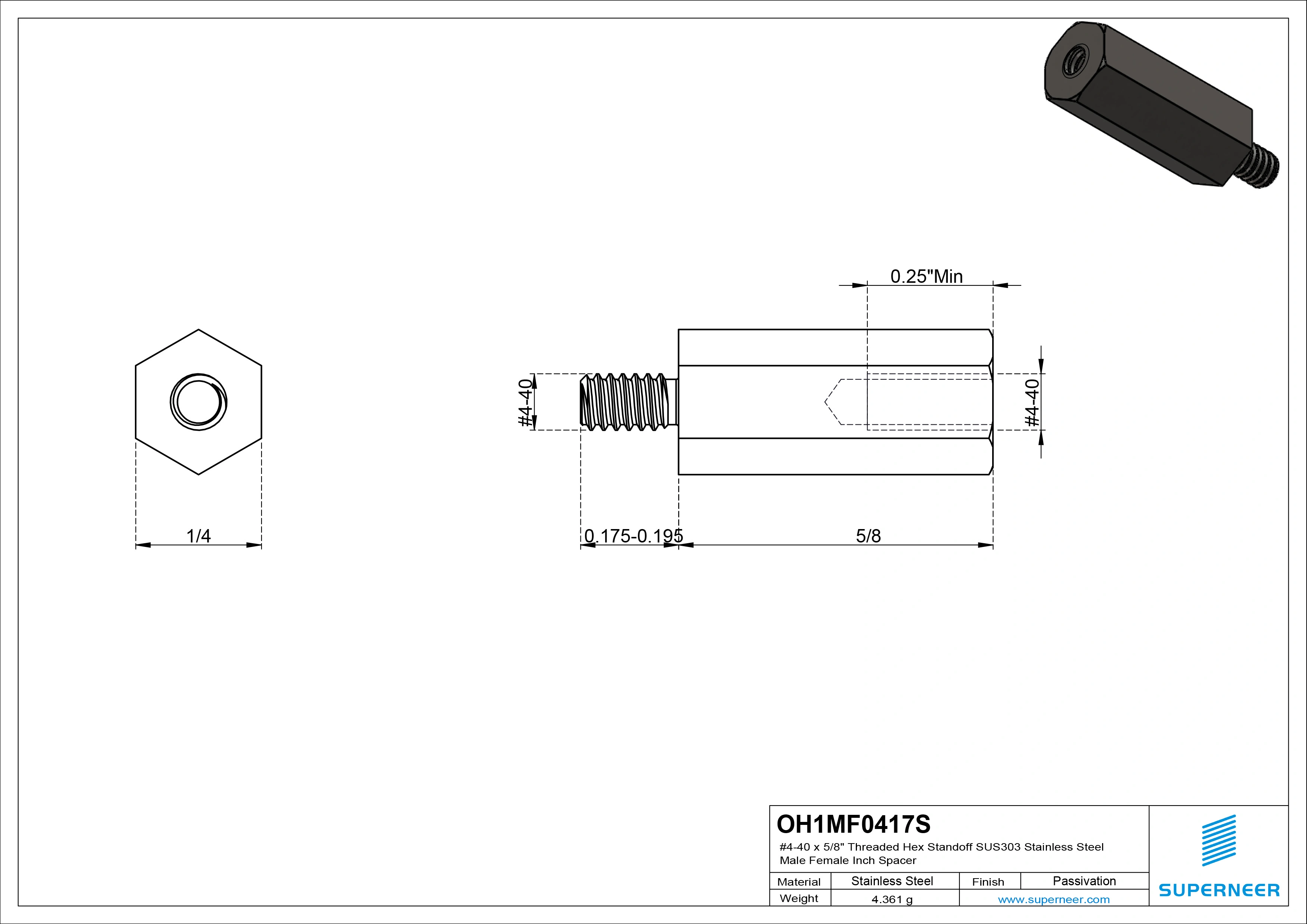 4-40 x 5/8" Threaded Hex Standoff SUS303 Stainless Steel Inox Male Female Inch Spacer 