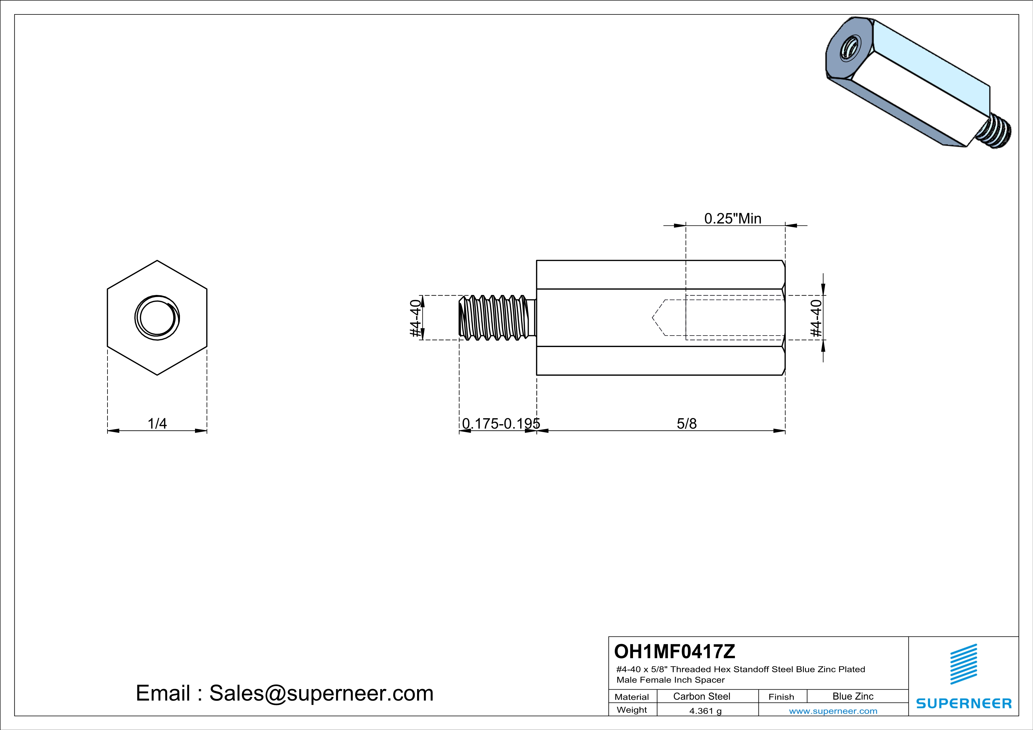 4-40 x 5/8" Threaded Hex Standoff Steel Blue Zinc Plated Male Female Inch Spacer 