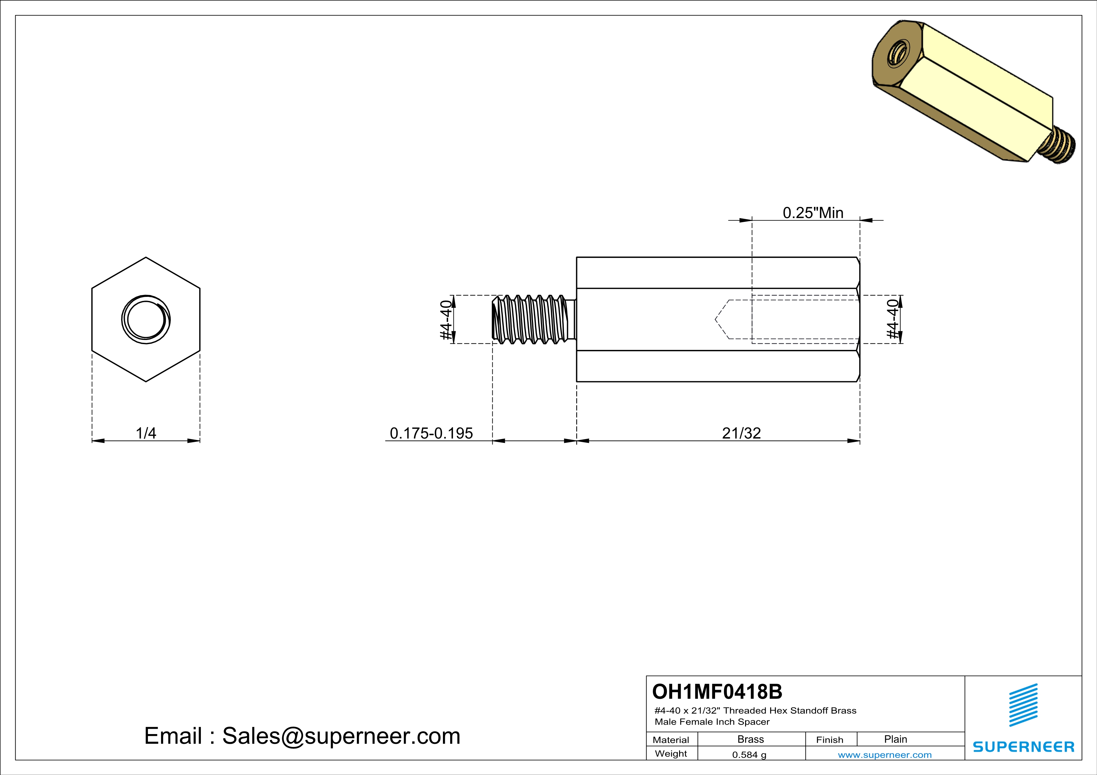 4-40 x 21/32" Threaded Hex Standoff Brass Male Female Inch Spacer 