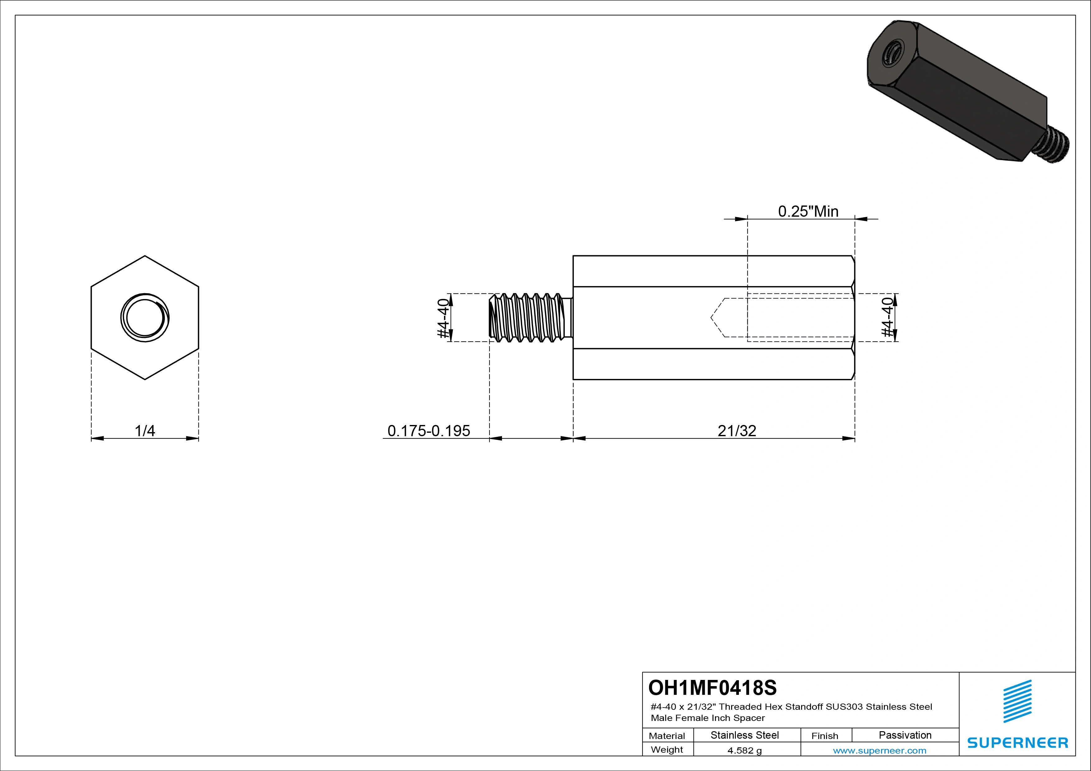 4-40 x 21/32" Threaded Hex Standoff SUS303 Stainless Steel Inox Male Female Inch Spacer 