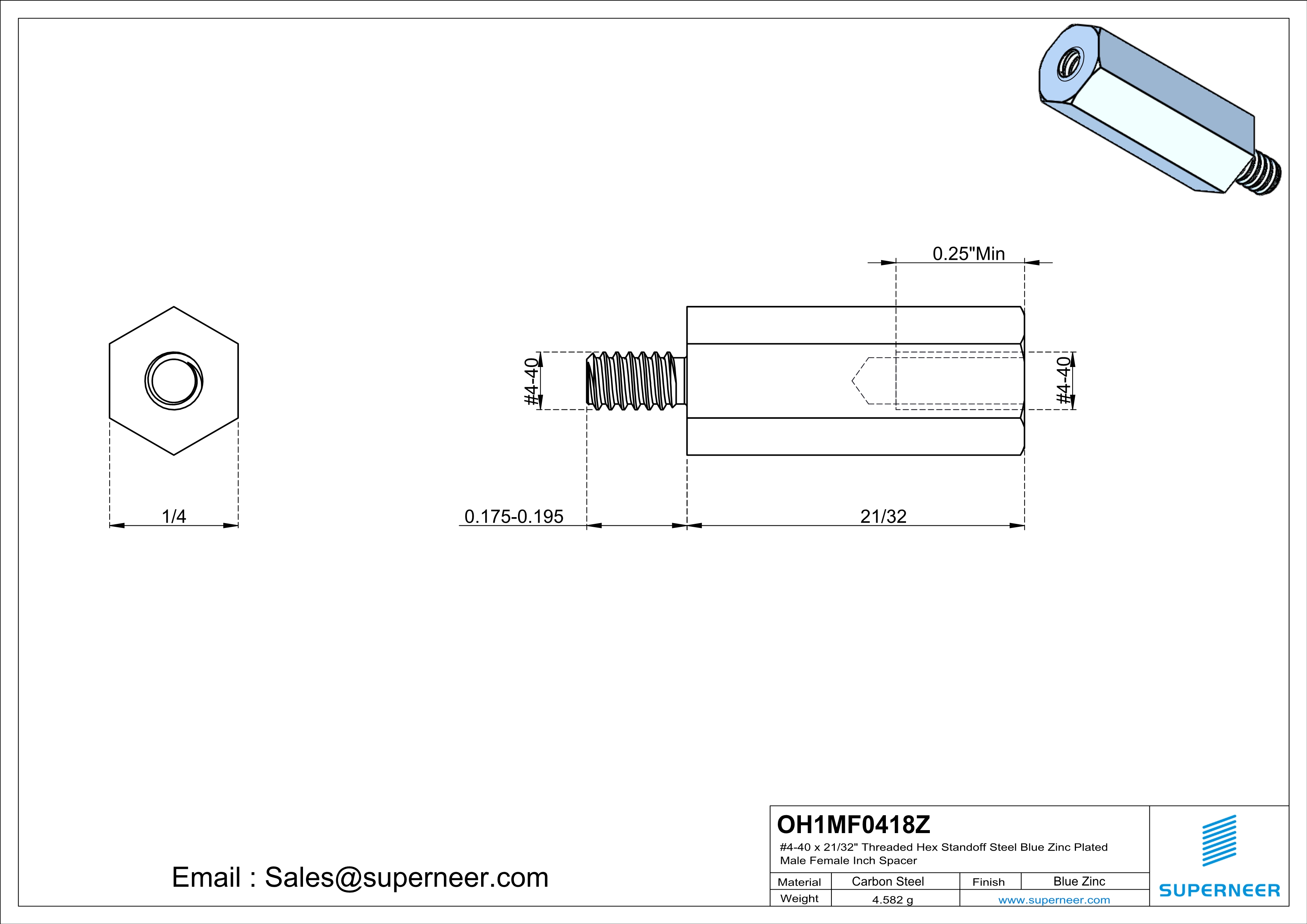 4-40 x 21/32" Threaded Hex Standoff Steel Blue Zinc Plated Male Female Inch Spacer 