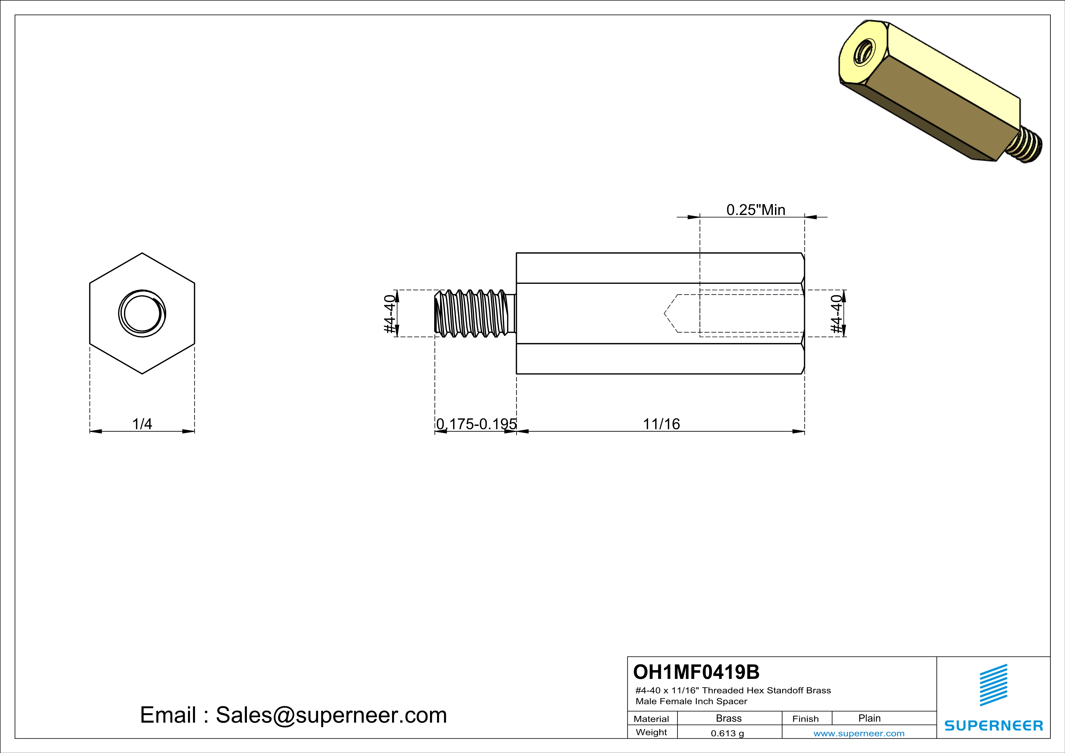 4-40 x 11/16" Threaded Hex Standoff Brass Male Female Inch Spacer 