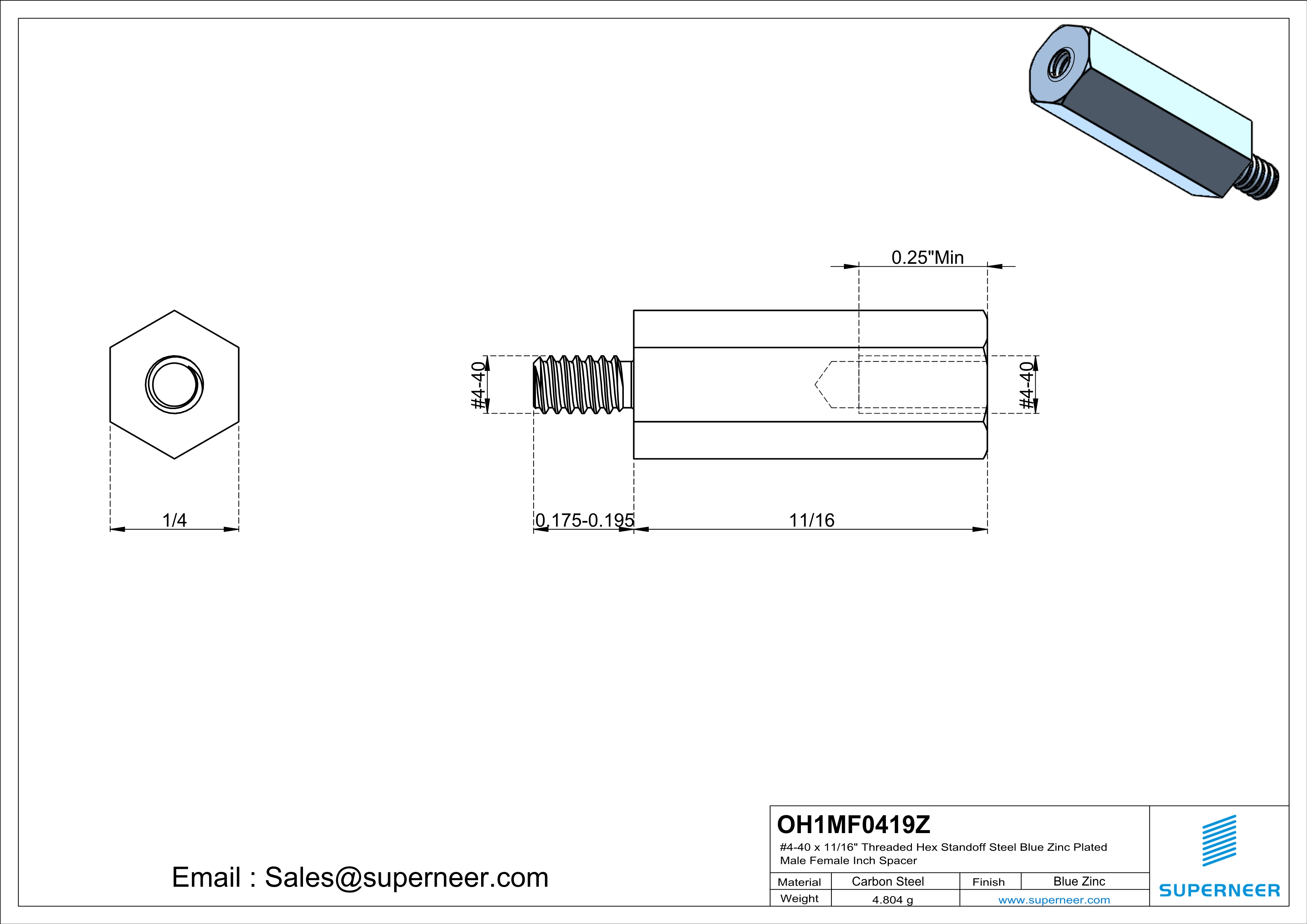 4-40 x 11/16" Threaded Hex Standoff Steel Blue Zinc Plated Male Female Inch Spacer 