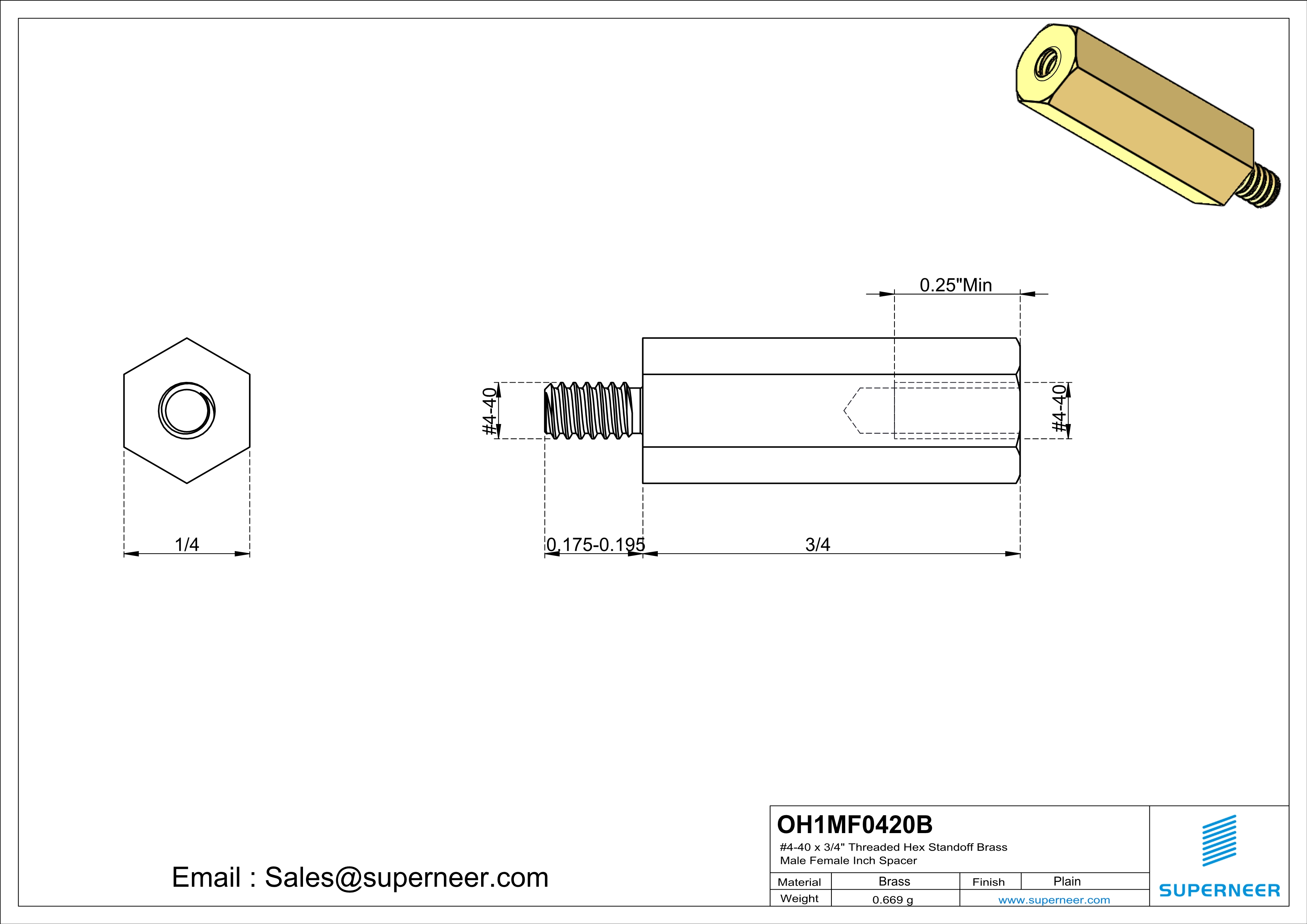 4-40 x 3/4" Threaded Hex Standoff Brass Male Female Inch Spacer 