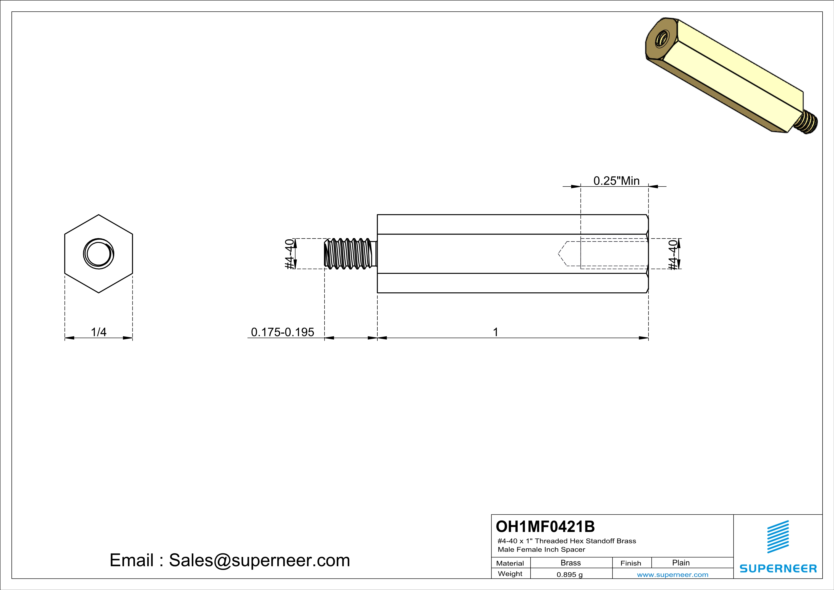 4-40 x 1" Threaded Hex Standoff Brass Male Female Inch Spacer 