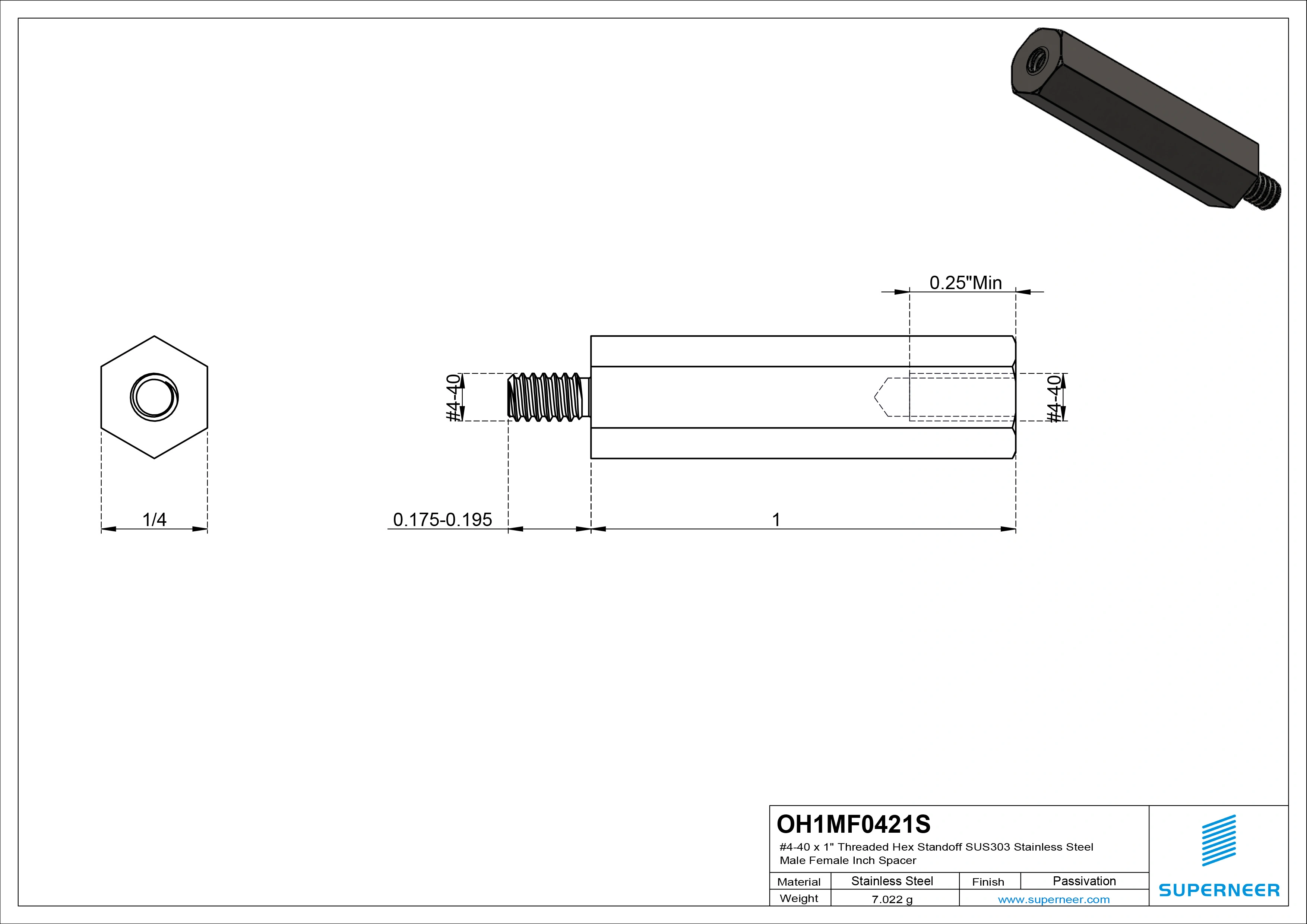 4-40 x 1" Threaded Hex Standoff SUS303 Stainless Steel Inox Male Female Inch Spacer 
