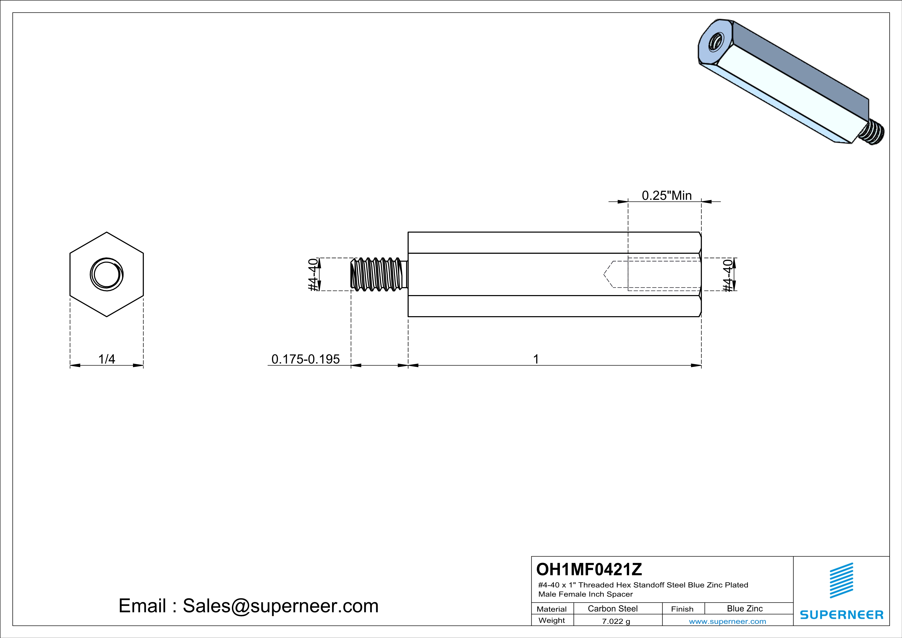 4-40 x 1" Threaded Hex Standoff Steel Blue Zinc Plated Male Female Inch Spacer 