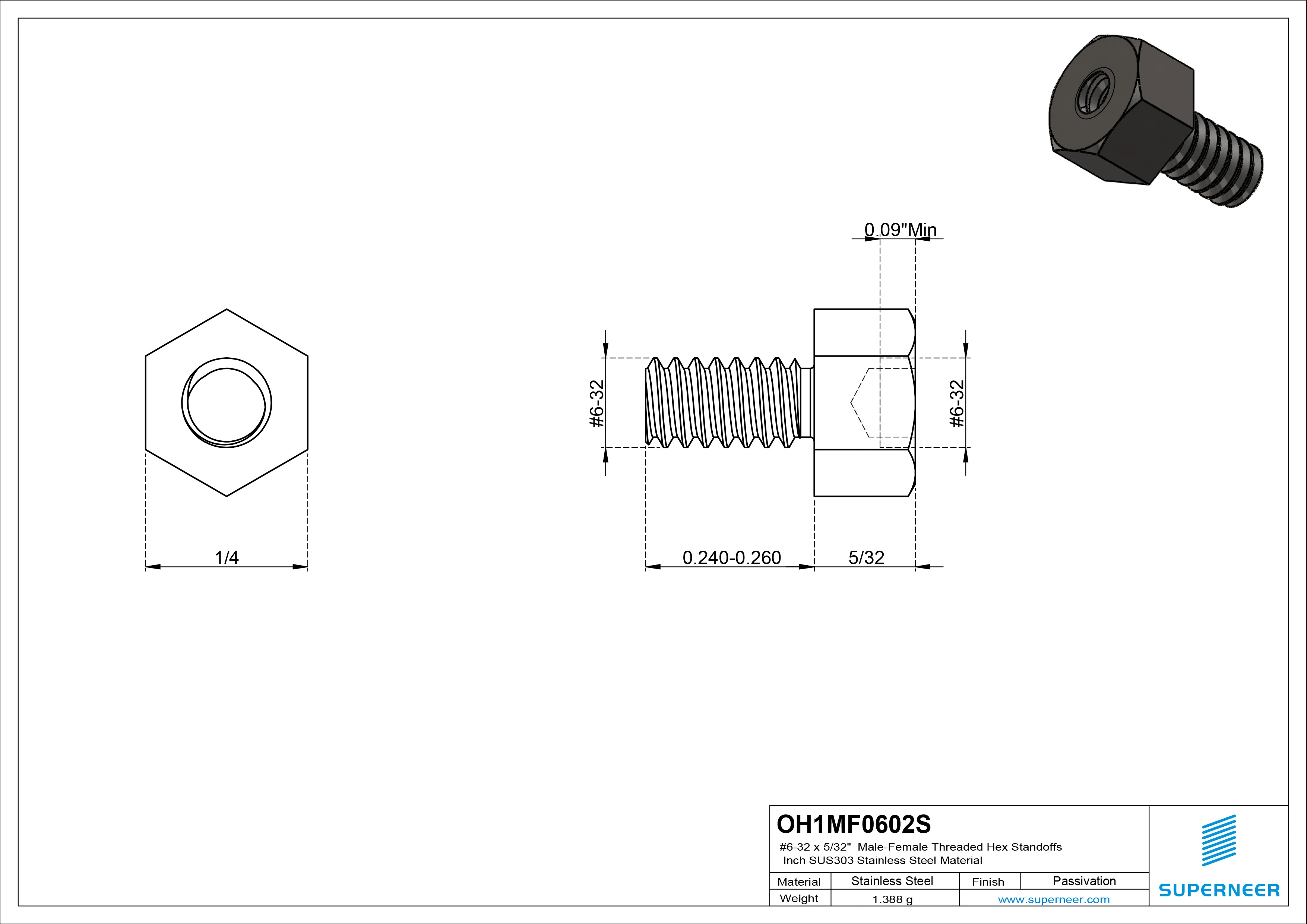 6-32 x 5/32" Male-Female Threaded Hex Standoffs Inch SUS303 Stainless Steel Inox Material