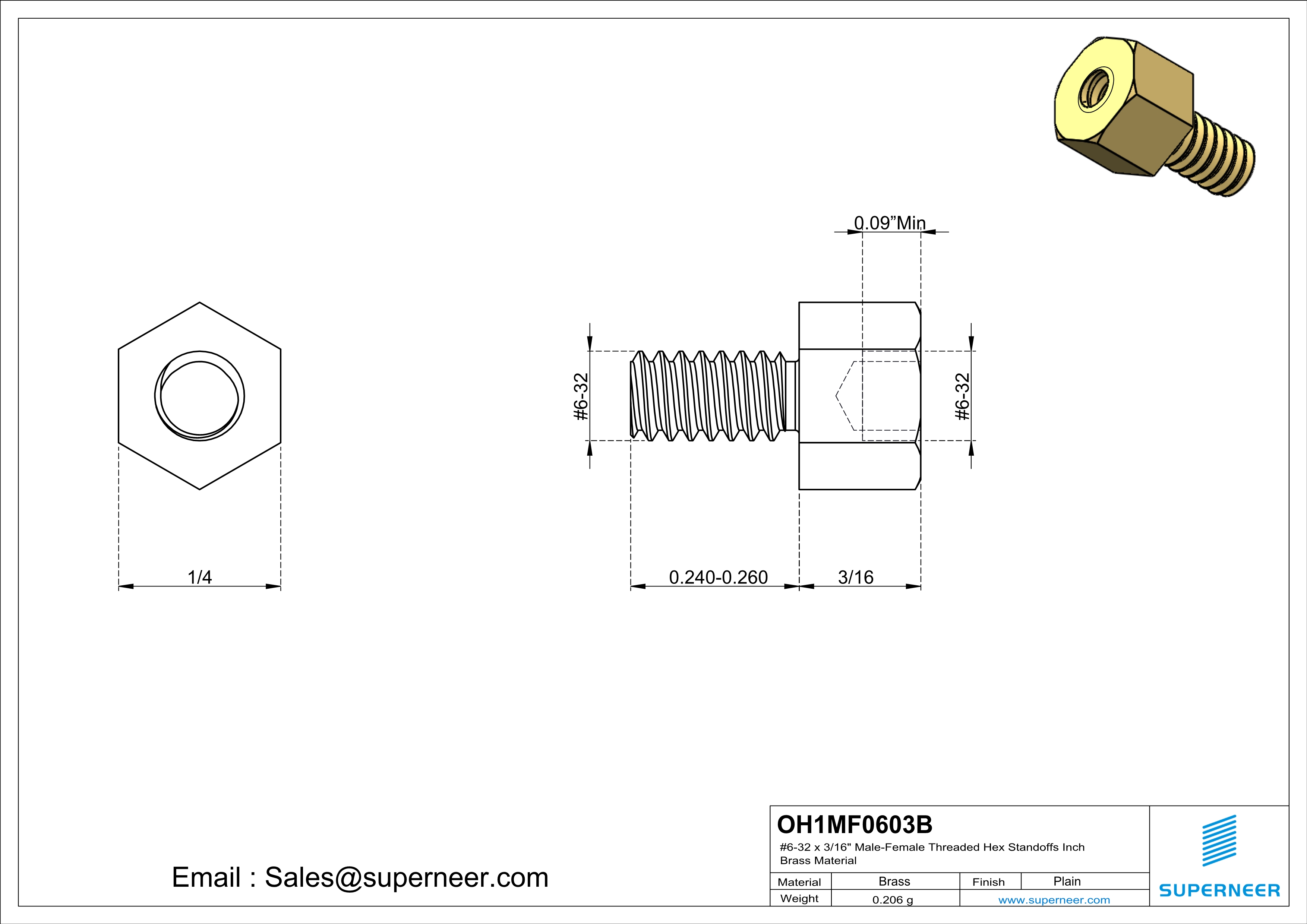 6-32 x 3/16" Male-Female Threaded Hex Standoffs Inch Brass Material