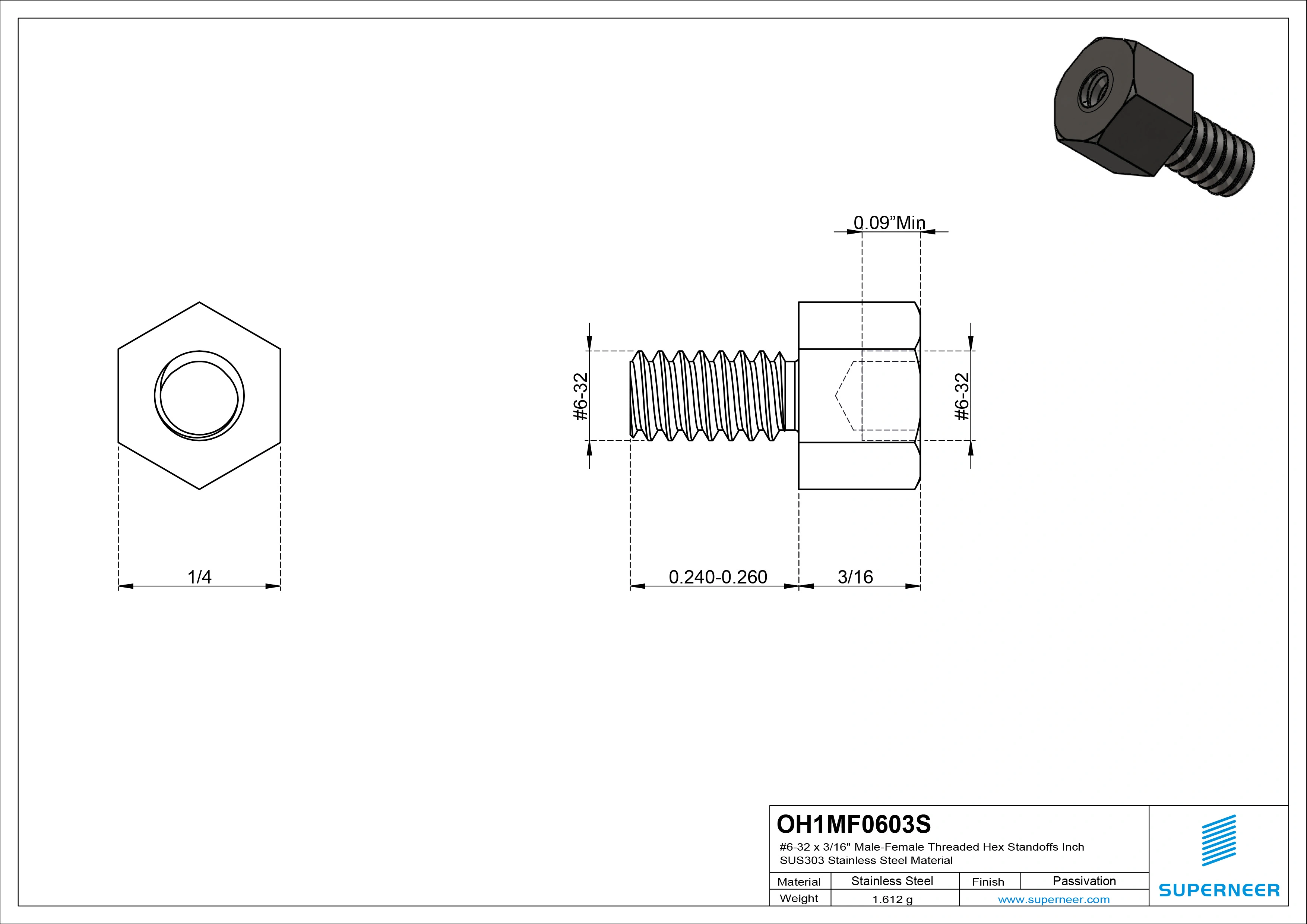 6-32 x 3/16" Male-Female Threaded Hex Standoffs Inch SUS303 Stainless Steel Inox Material