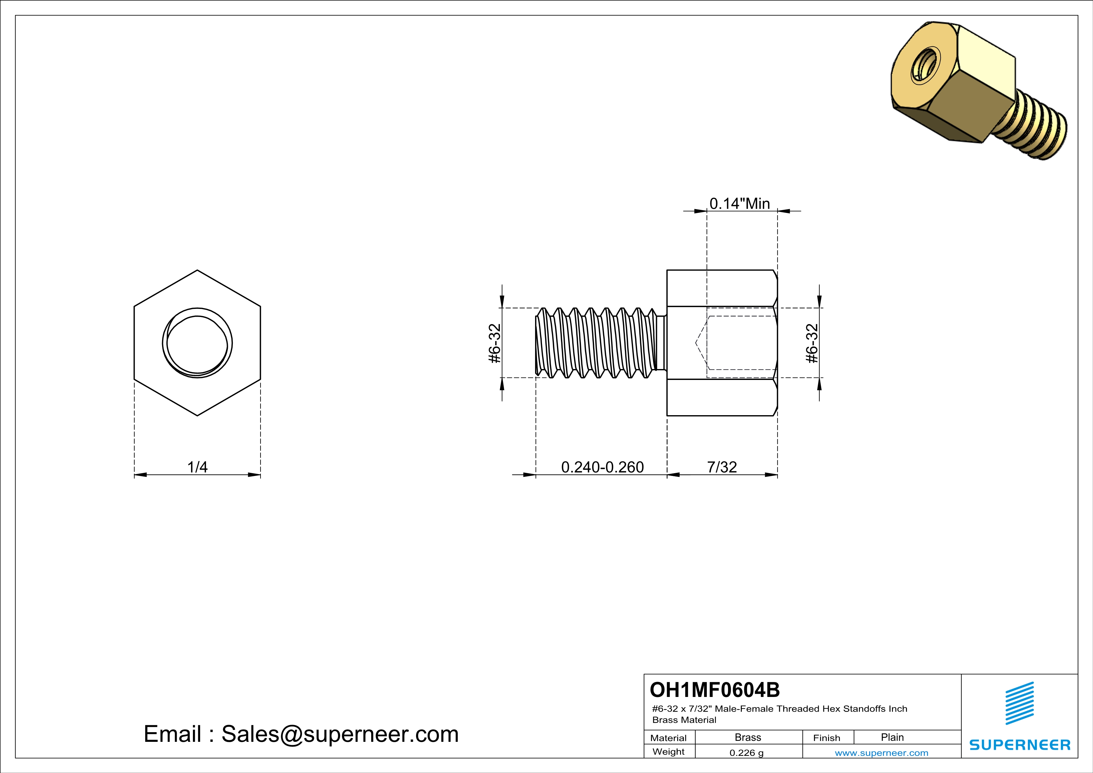 6-32 x 7/32" Male-Female Threaded Hex Standoffs Inch Brass Material