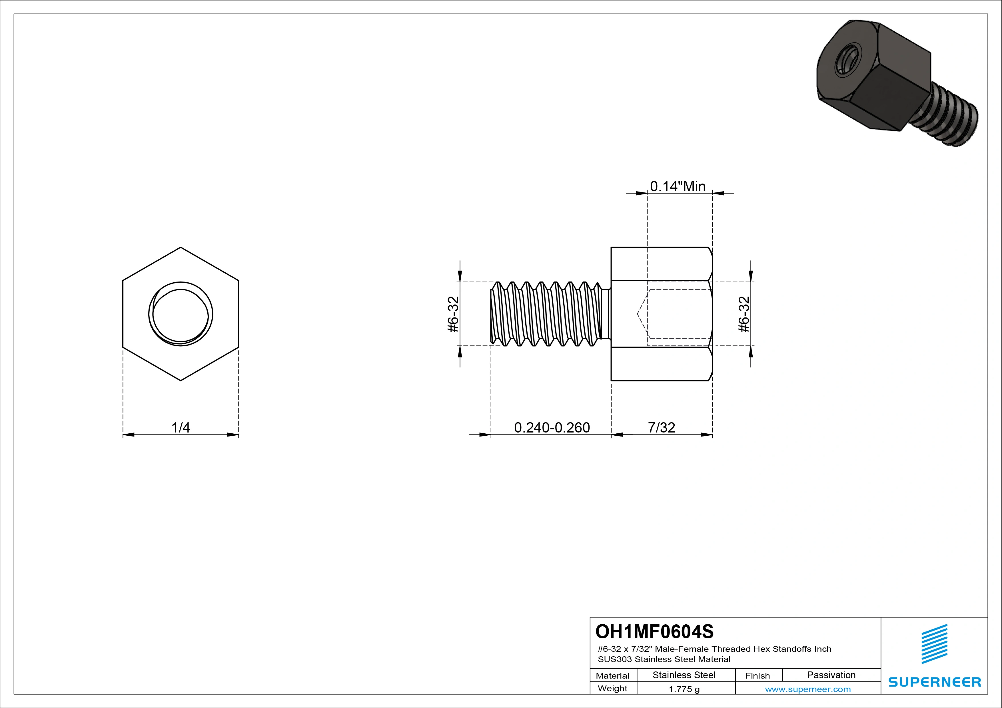 6-32 x 7/32" Male-Female Threaded Hex Standoffs Inch SUS303 Stainless Steel Inox Material