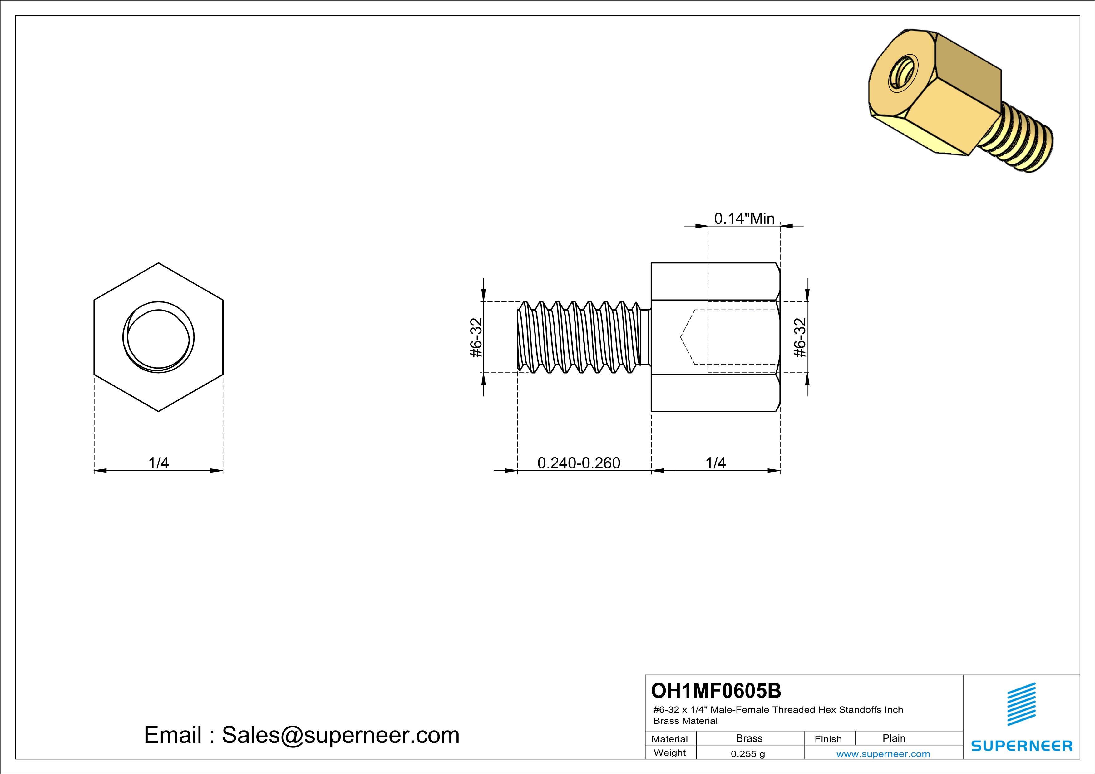 6-32 x 1/4" Male-Female Threaded Hex Standoffs Inch Brass Material