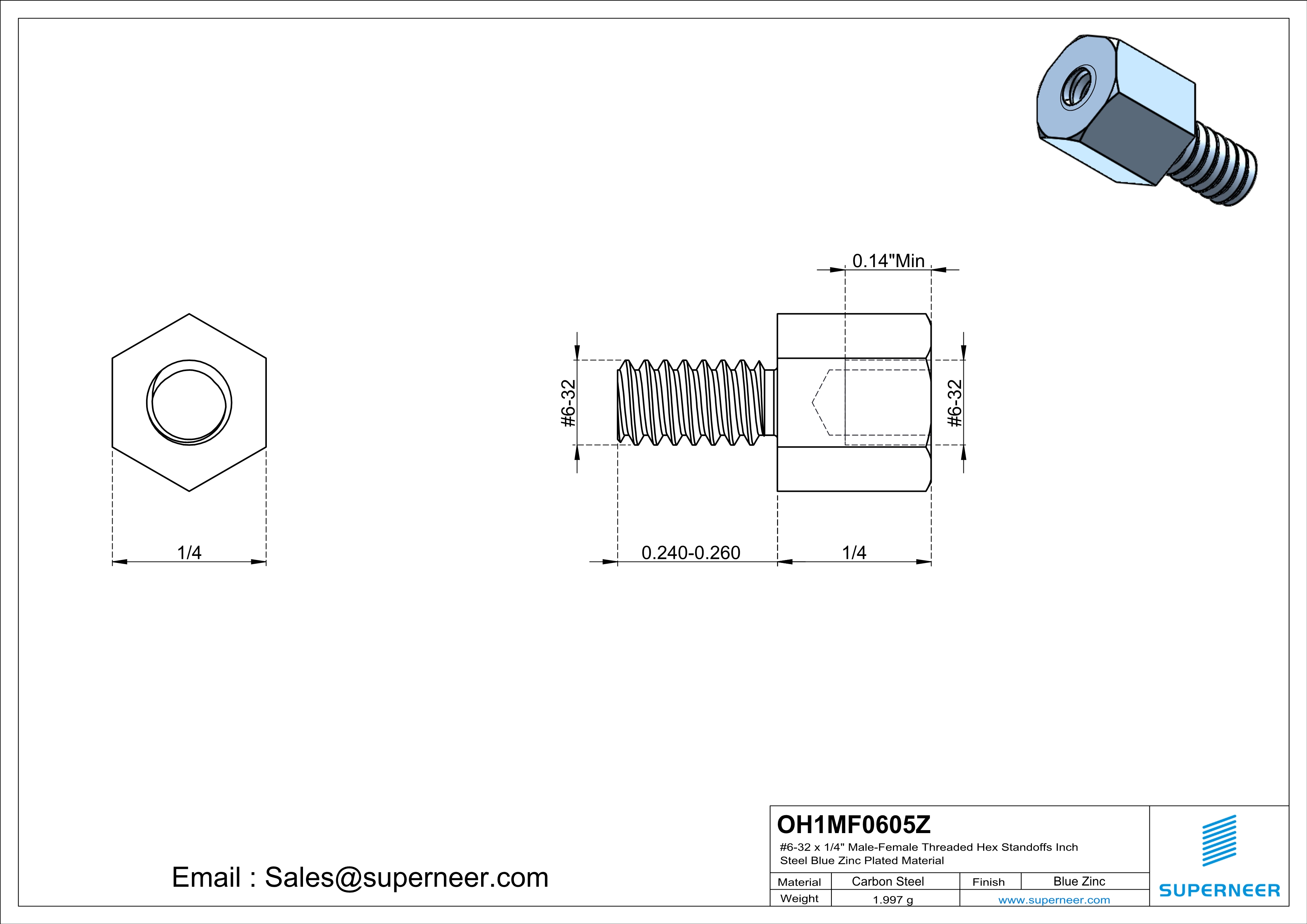 6-32 x 1/4" Male-Female Threaded Hex Standoffs Inch Steel Blue Zinc Plated Material